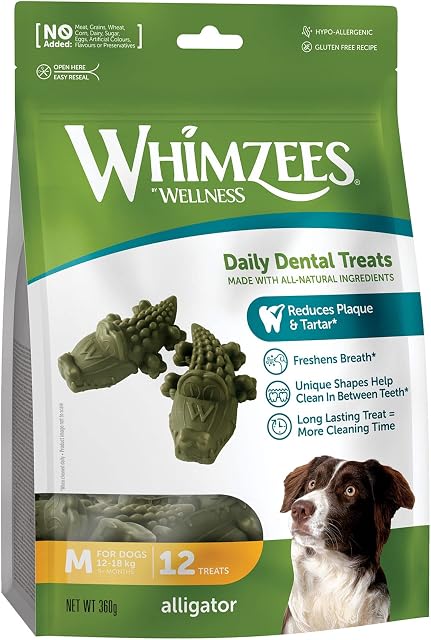 WHIMZEES Alligator, Natural and Grain Free Dog Dental Sticks, Dog Chews for Medium Breeds, 12 Pieces, Size M