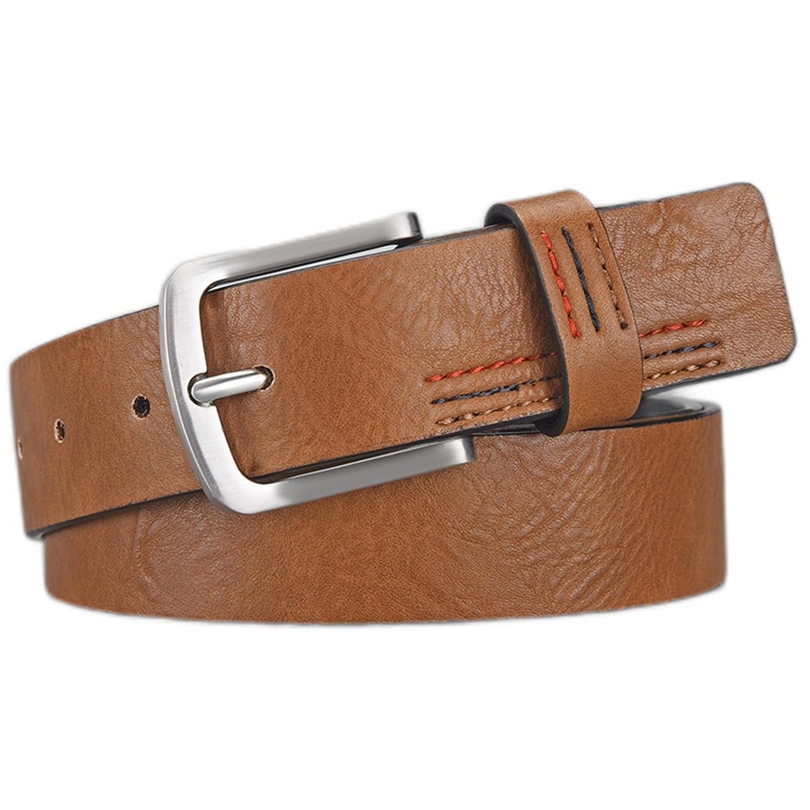 Agutalithic Women's Brown Men Vintage Distressed Pu-Leather Belt Western Cowboy Stitched Strap With Alloy Buckle For Jean Pants Dress(115Cm/45, )