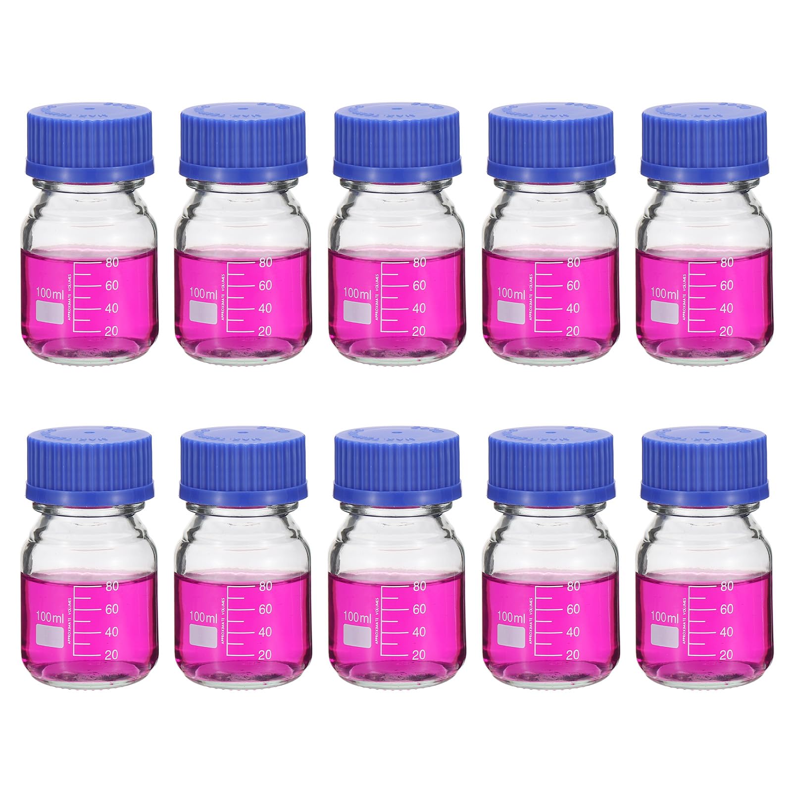 PATIKIL 10 Confezione Bottiglie Da Laboratorio Per Reagenti, 100ml Bottiglie Graduate In Vetro Borosilicato Con Tappo A Vite Blu GL32 Per Liquidi Reagenti Laboratorio, Trasparenti