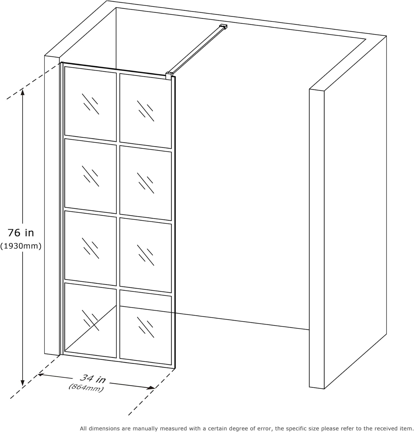 Mainzel 34" W x 76" H Fixed Shower Glass Panel, Frameless 3/8" ANSI Tempered Glass Panel with Easy Clean Guard Coating, Modern Design Bathroom Shower Screen, Matte Black