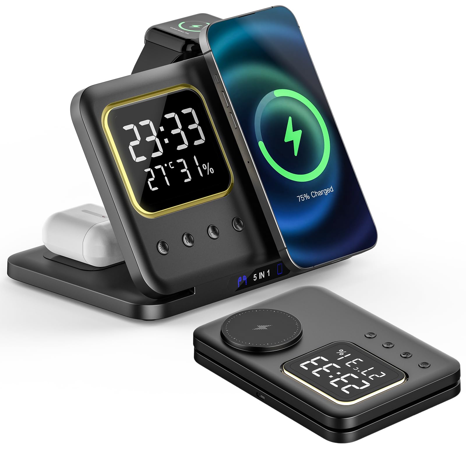 MOSHOU Wireless Charging Station for Apple Devices, 5-in-1 Clock Charging Dock for iPhone 15/14/13/12 Series,Magnetic Charging Station for iWatch Ultra/9/8/7/6/5,AirPods 3/2/Pro