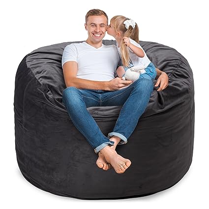 Cansunna 4FT Bean Bag Chairs for Adults with Filling,Big BeanBag Chair with Pocket&Handle,Memory Foam Bean Bags with Velvet Cover for Living Room Bedroom (Grey)