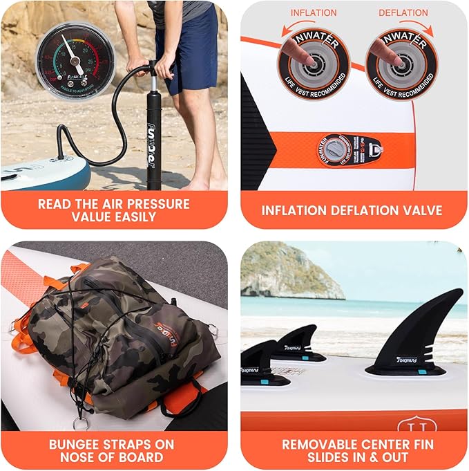 The FunWater Stand Up Paddle Board comes with a complete set of ISUP accessories, including a paddle, pump, backpack, leash, and repair kit. This makes it easy to transport and store the board, making it ideal for taking on adventures and trips to different waterways. The board is easy to inflate and deflate, allowing for quick and convenient setup wherever you go.