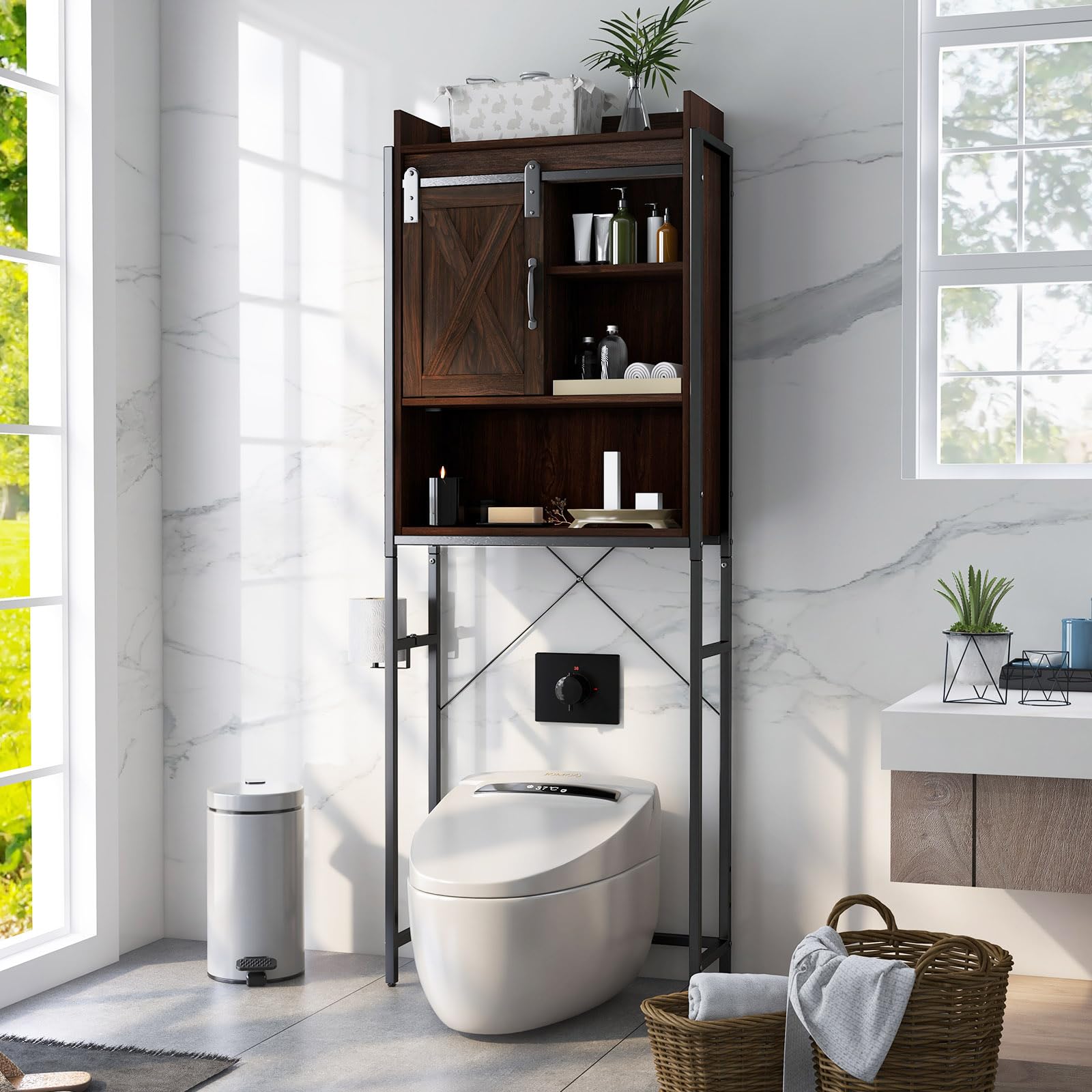 Meuble Rangement Au-dessus Des Toilettes Blanc - 5 Étagères Réglables, Porte Coulissante, 63x29x170 Cm, Gain De Place Salle De Bain