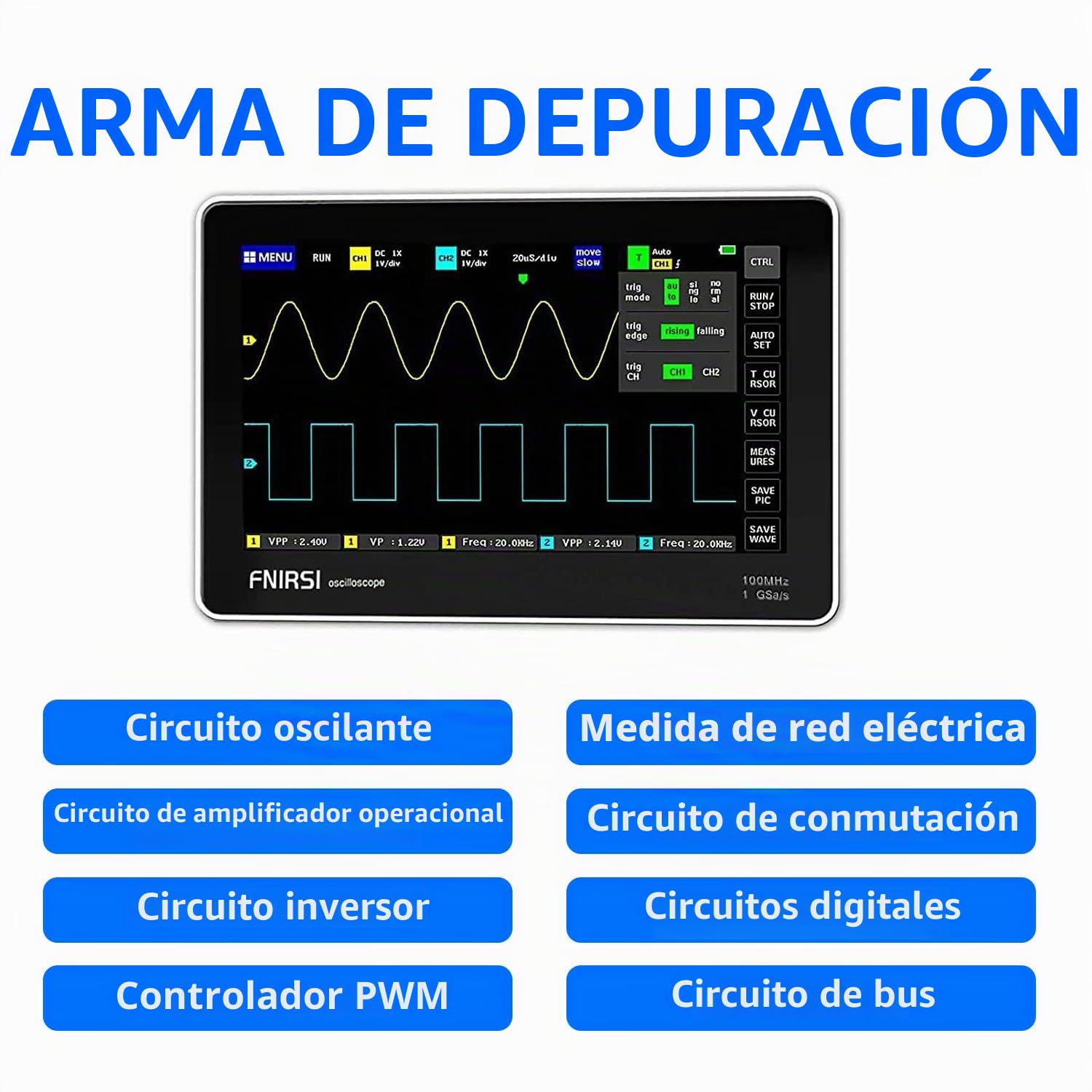 FNIRSI Osciloscopio 1013D - Osciloscopio de tableta de mano, osciloscopio de almacenamiento digital portátil de 2 canales, ancho de banda de 100 MHz, frecuencia de muestreo 1GSa/s, pantalla táctil TFT