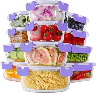 HOMBERKING 24pc Glass Food Storage Containers with Lids, Glass Meal Prep Containers, Airtight Bento Boxes, BPA Free & Leak Proof, Pantry Kitchen Storage(12 lids & 12 Containers) - Purple