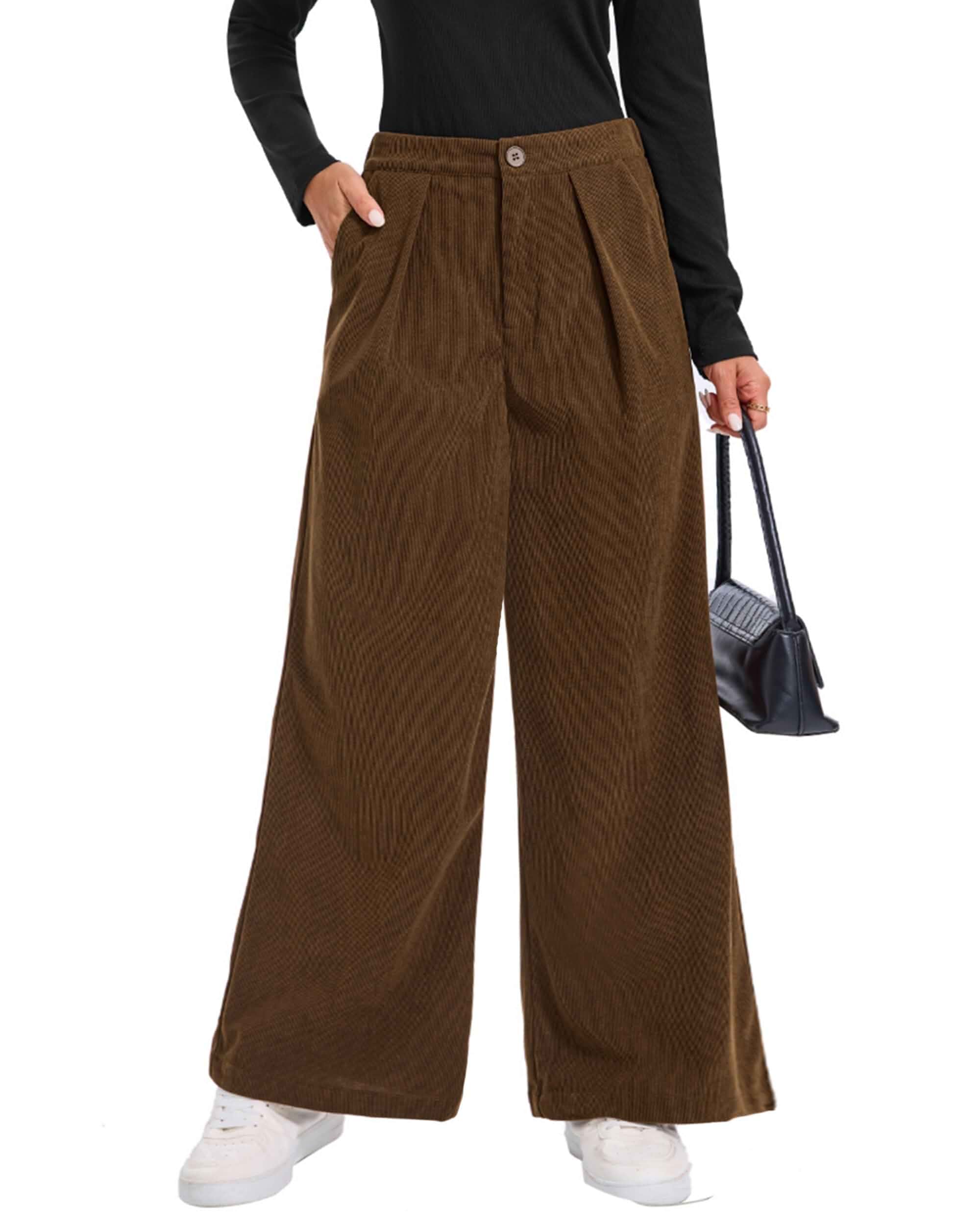 Women's Wide Leg Corduroy Button Elastic Waist Dressy Pockets Pant High Empire Waist, Zipper, Slack Trousers, Casual Vocation, Office Work