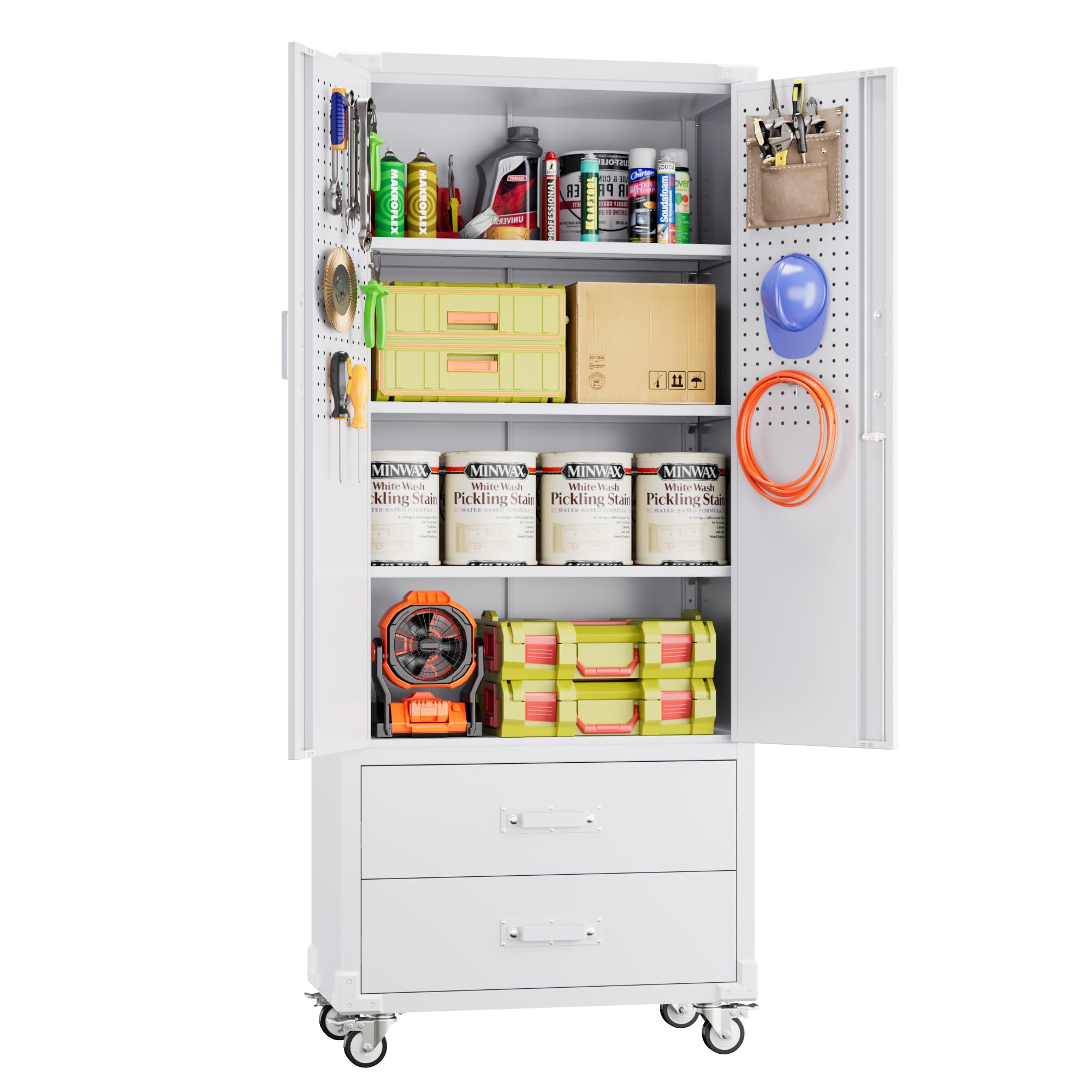 Aobabo Upgraded Metal Garage Storage Cabinet with Wheels and 2 Drawers, Lockable Rolling Tools Cabinet with Pegboards and Hooks,Assembly Required,White