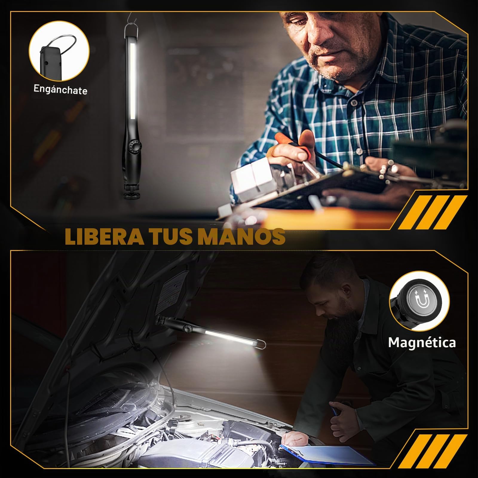 Lámpara de trabajo LED linterna de taller, lámpara de inspección COB recargable con lámpara de trabajo magnética para reparación de coches, taller, camping, iluminación de emergencia (3 unidades)