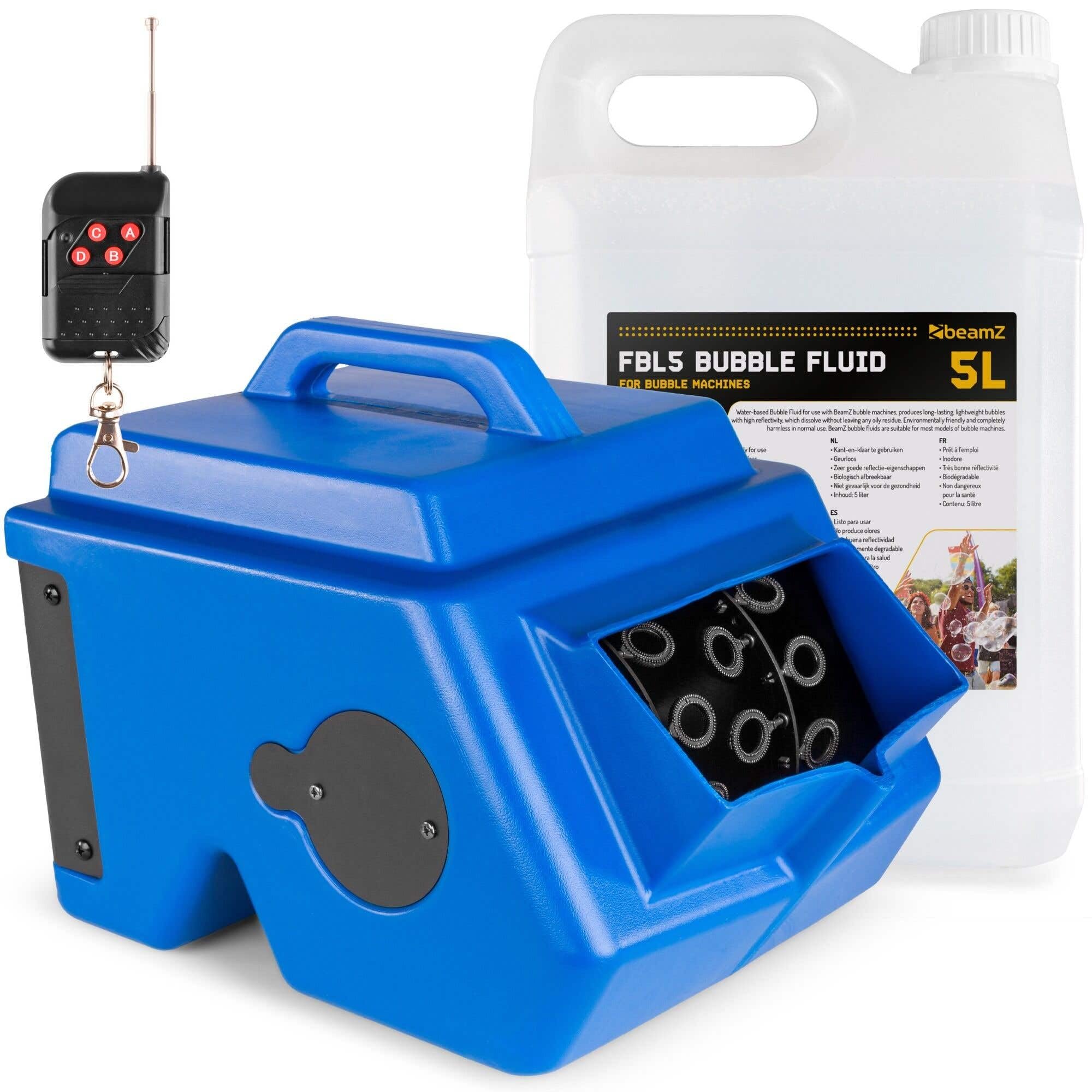 BeamZ B1500 máquina de burbujas profesional con 5L de líquido incluido, doble rueda, 2 ventiladores, control remoto, depósito 2L, ideal para fiestas, eventos y animación