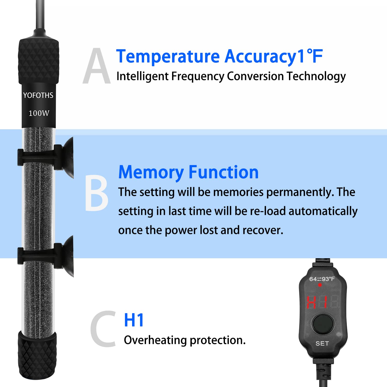 YOFOTHS Aquarium Heizung 10W/25W/50W/100W/200W, Kleine Fischtankheizung mit Eingebautem Thermometer, Temperatur Einstellbare Mini Tankheizung für 5/10/20 Gallonen, Externer Temperaturregler