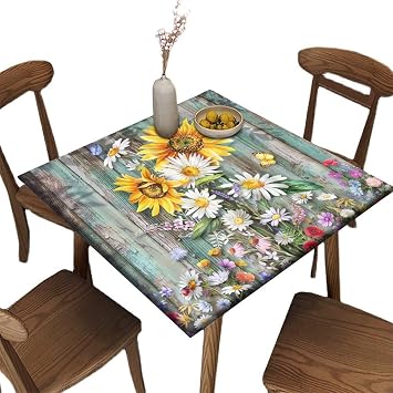 Square Fitted Tablecloth, Colorful Daisies and Sunflowers with Elastic Edge Fitted Polyester Table Cloth, for Home Kitchen Dining Room, 42 x 42 Inch Square Table