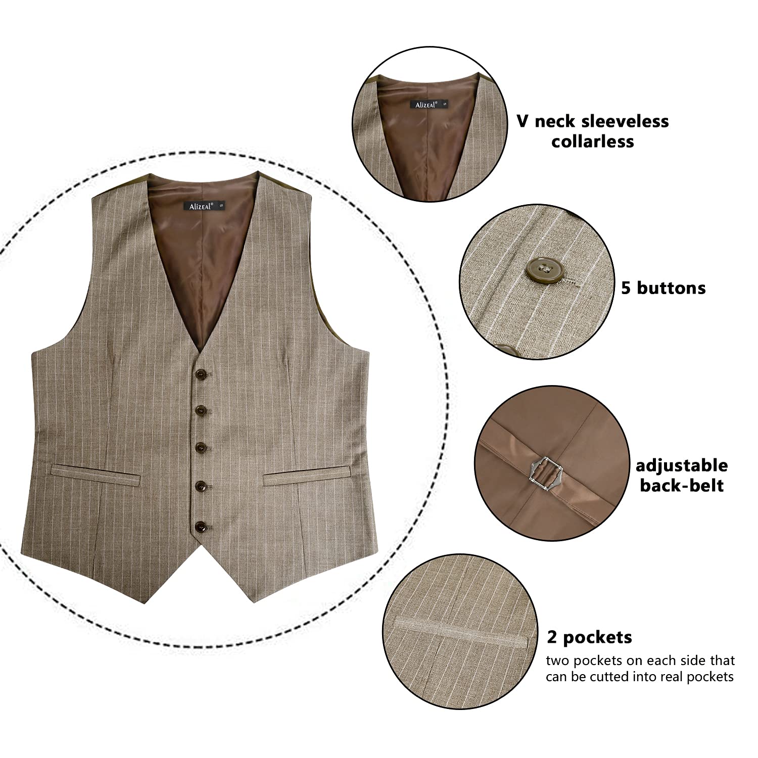 Alizeal Gilet de costume d'affaires à fines rayures pour hommes