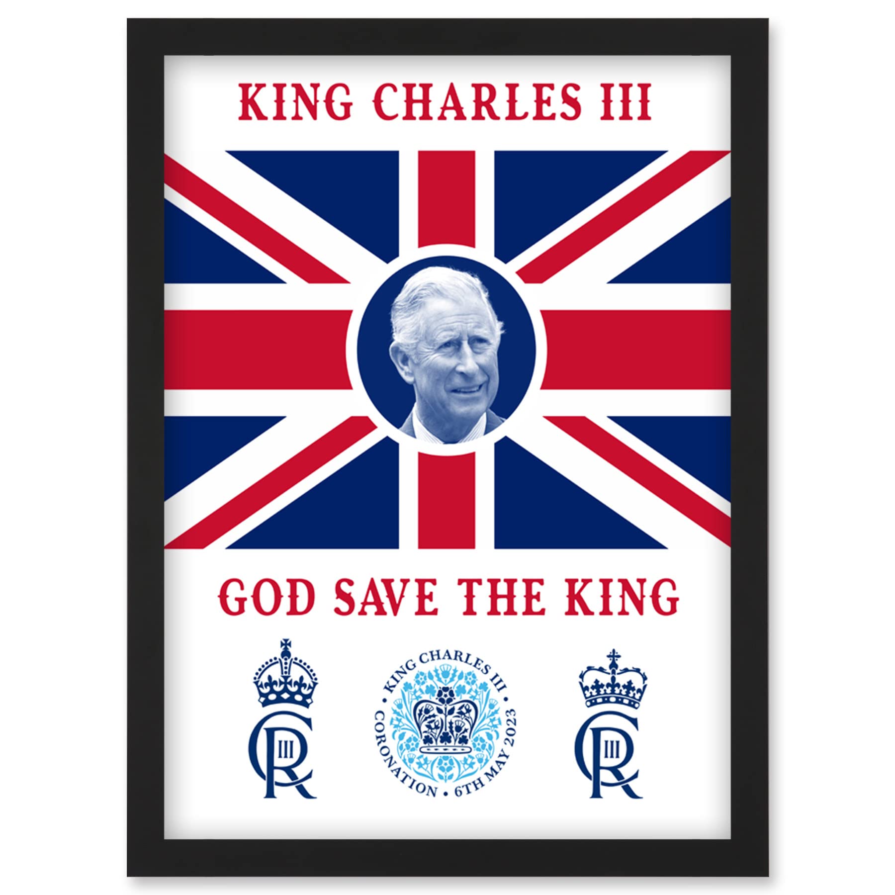 Artery8 King Charles III Coronation God Save the King Union Jack Crest and Emblem Artwork Framed Wall Art Print A4