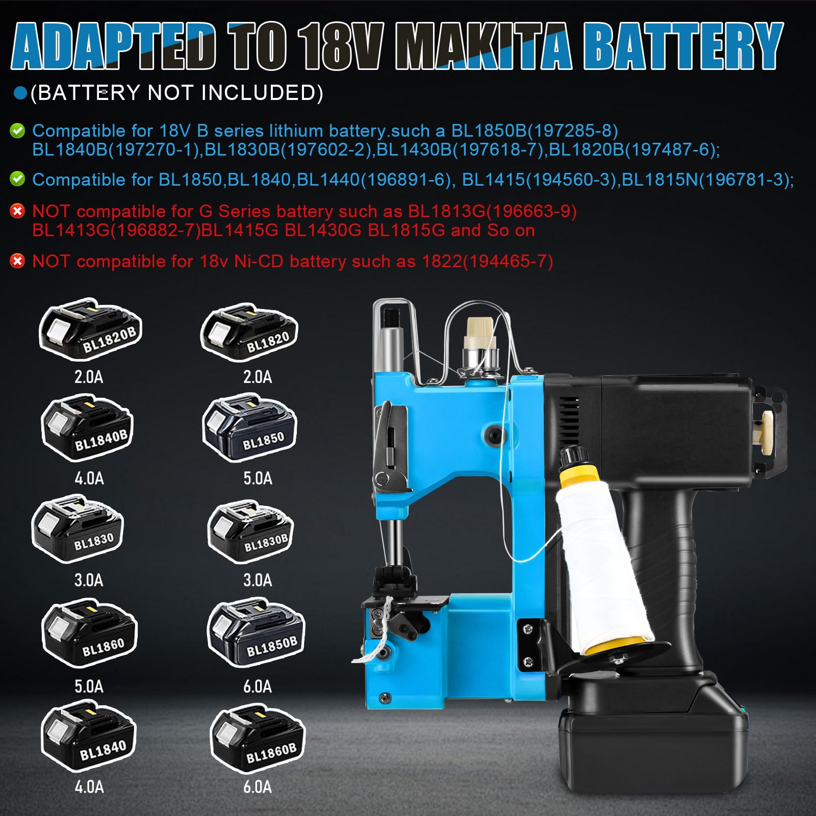 Máquina de coser portátil con batería, máquina de coser para Makita de 18 V (Sin batería), maquina de coser bolsas eléctrica, máquina de sellado para bolsas de tela, saco de papel, saco de arena, saco