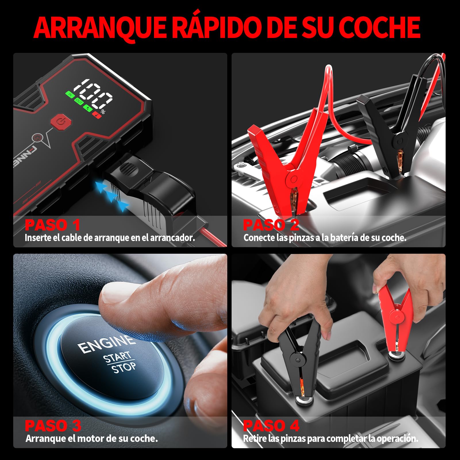 FNNEMGE Arrancador de Coches, 5000A 23800mAh Arrancador Batería Coche (para Todo vehículo de Gasolina o 8,0L de Diesel),Booster Bateria, con Puerto de Salida USB, Luz LED, Pantalla Grande HD.