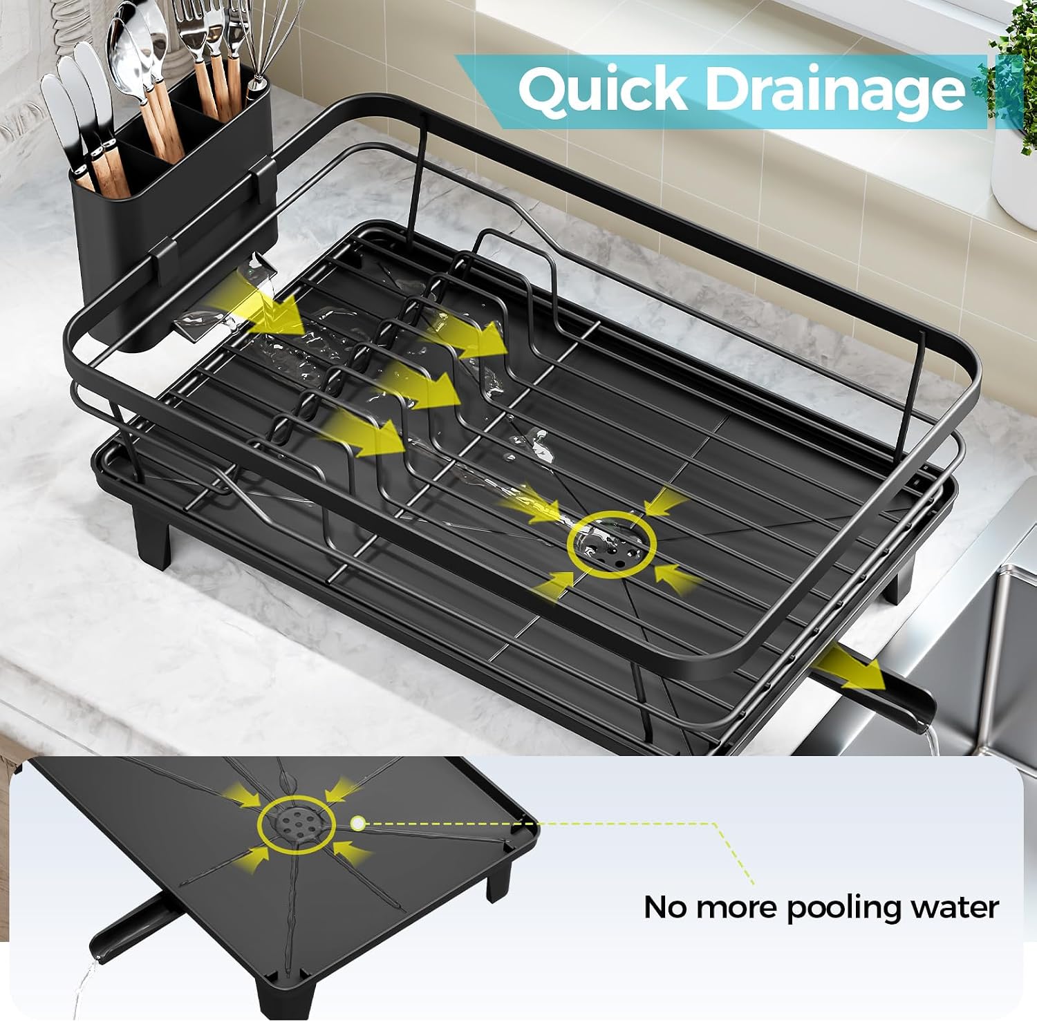 Urackify Dish Drying Rack for Kitchen Counter, Sink Dish Rack with Drainboard 12.2" W x 16.5" L, Large Dish Drainer with Cutlery Holder, Home Countertop Plate Dryer Storage Rack, Black