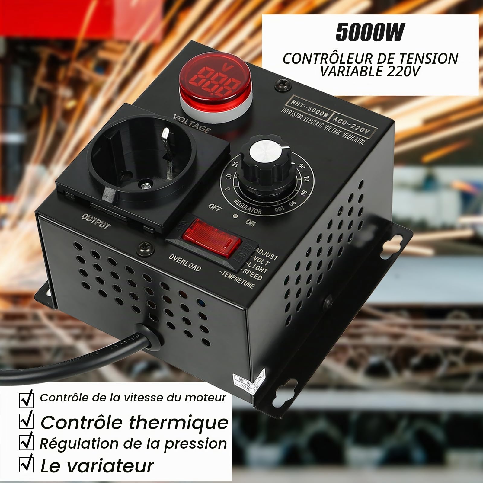 Variateur, AC 220 V 5000 W SCR Régulateur de tension Moteur Ventilateur Régulateur de vitesse Variateur, Régulateurs électroniques, Variation, Ralentissement (prise de sortie : prise européenne)