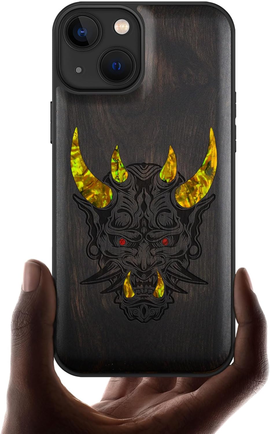 Carveit Designer Wooden Protective Case for iPhone 13 Magnetic Cover [Wood Engraving & Shell Inlay] Compatible with iPhone 13 MagSafe (Japanese Oni Mask-Blackwood)