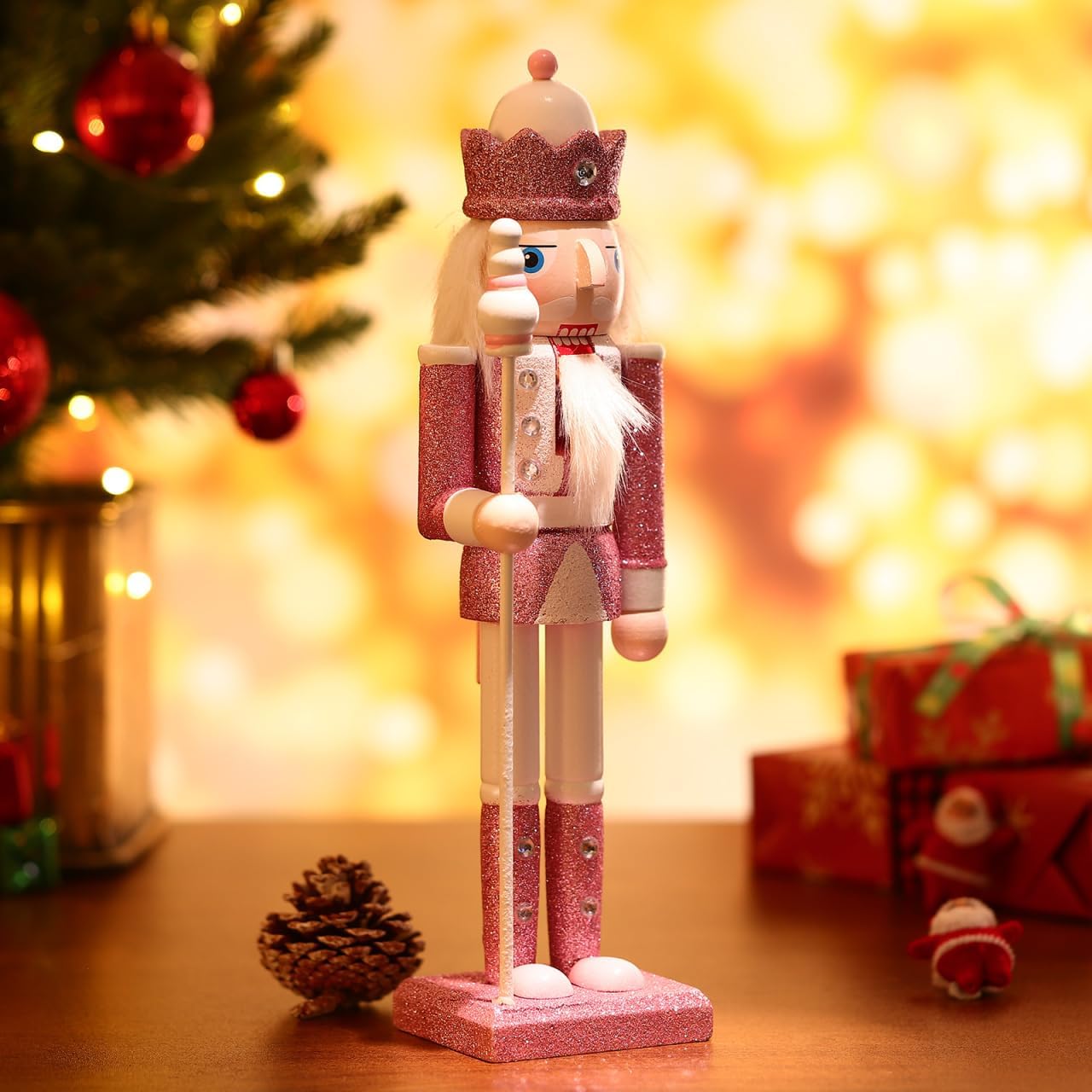 BESTOYARD 12-Inch Christmas Wood Soldier Nutcracker Ornament Glitter Collectible Nutcracker Figures Toy Traditional Royal Jacket Crown Xmas Table Puppet Doll for Holiday Home Decor