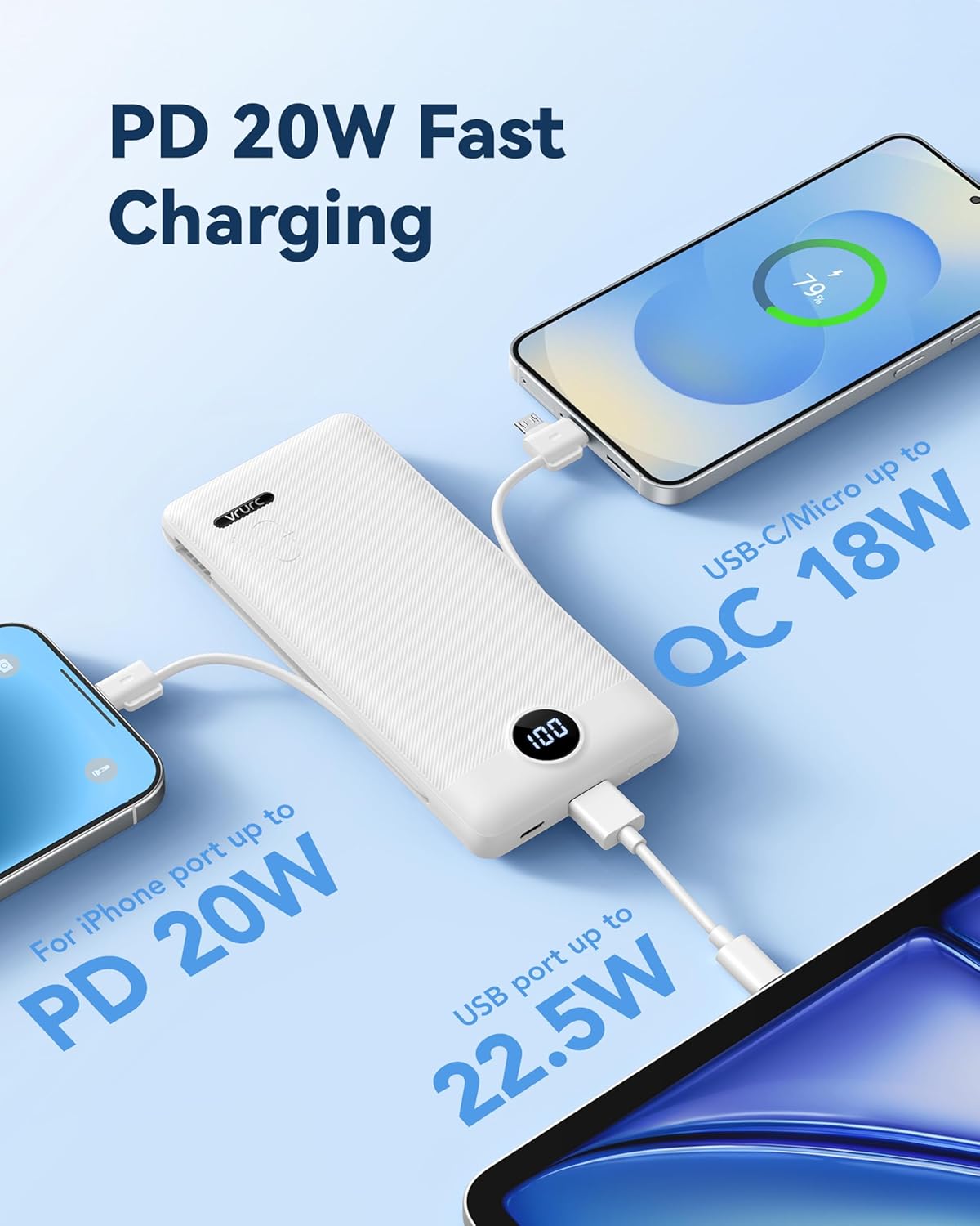 VRURC Portable Charger Power Bank - 10000mAh Fast Charging 22.5W PD 20W Slim Portable Charger Built in Cables,Power Bank with Cords,USB C Portable Phone Charger Travel Accessories -White