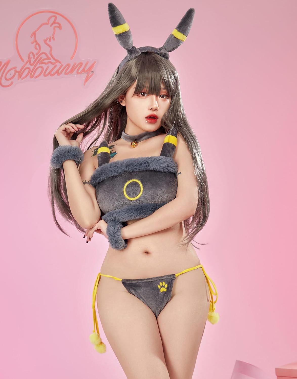 Mobbunny Anime Cosplay Pajamas Set for Women Fluffy Crop Top and Panty 2 Piece Flannel Lounge Set Cartoon Sleepwear - Image 2