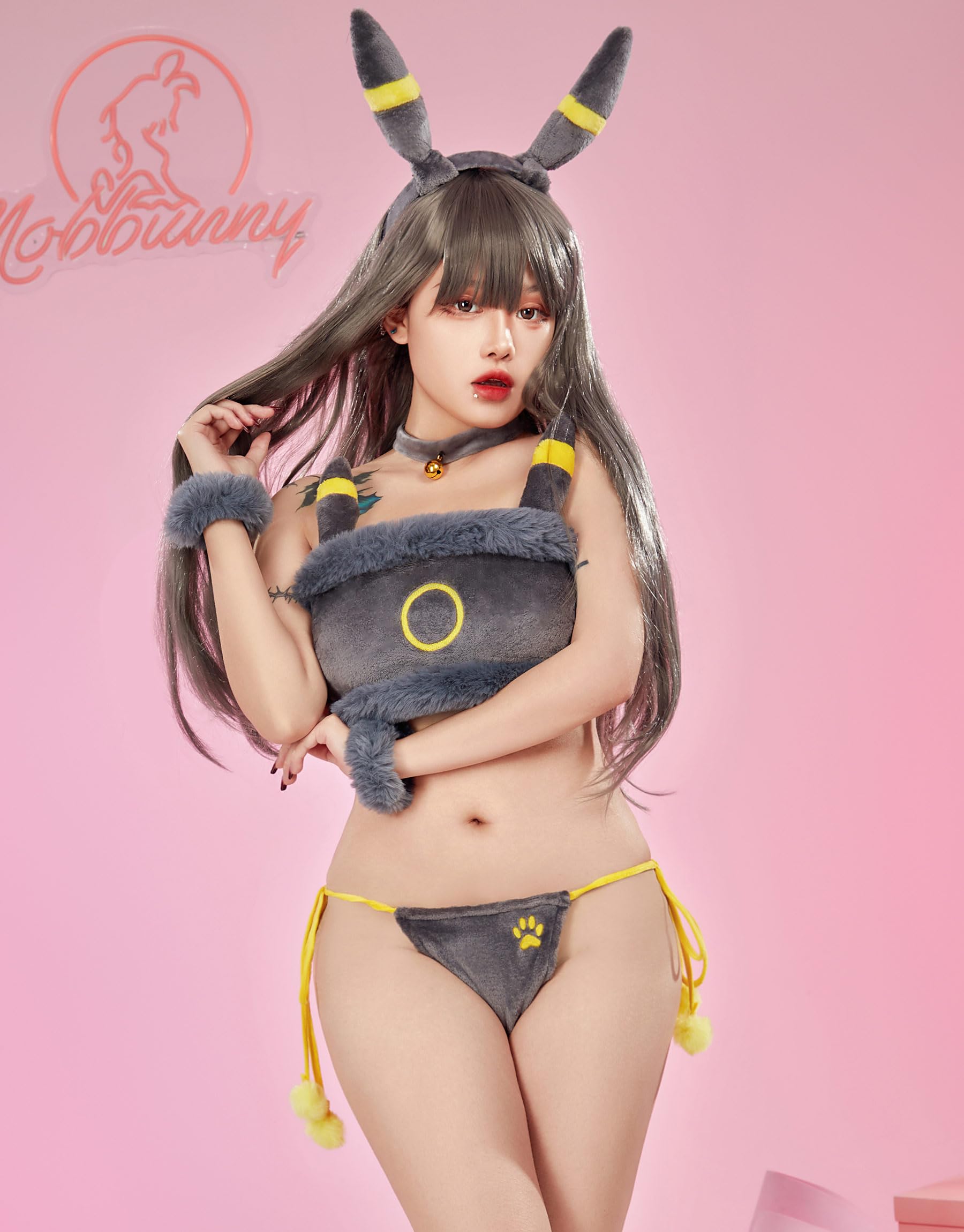 Mobbunny Anime Cosplay Pajamas Set for Women Fluffy Crop Top and Panty 2 Piece Flannel Lounge Set Cartoon Sleepwear: Small Black