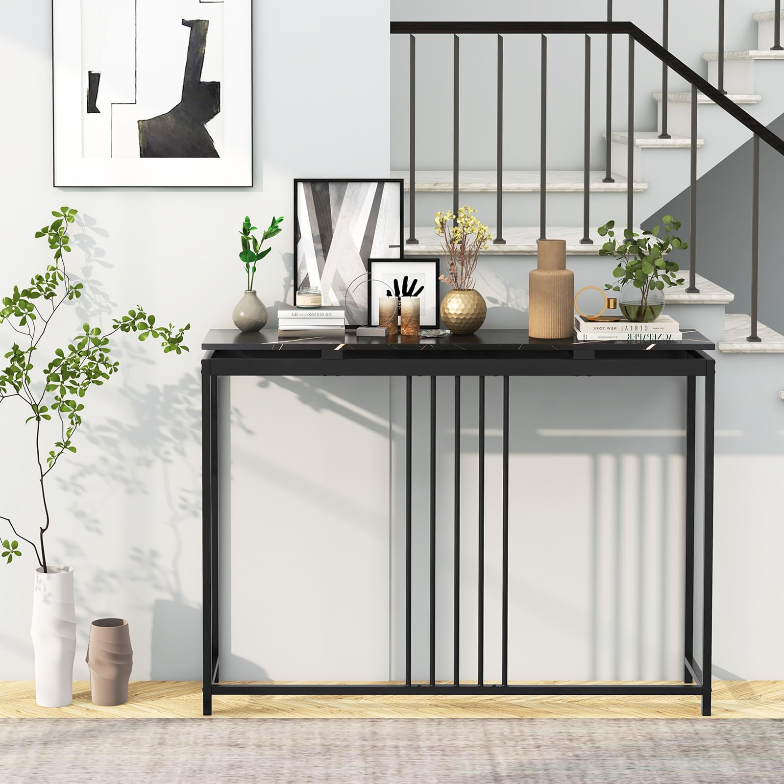 GIANTEX Consoletafel, 3 planken, tv-tafel, bijzettafel in industriële stijl, gangtafel, ingangtafel met X-frame, voor woonkamer, entree (zwart