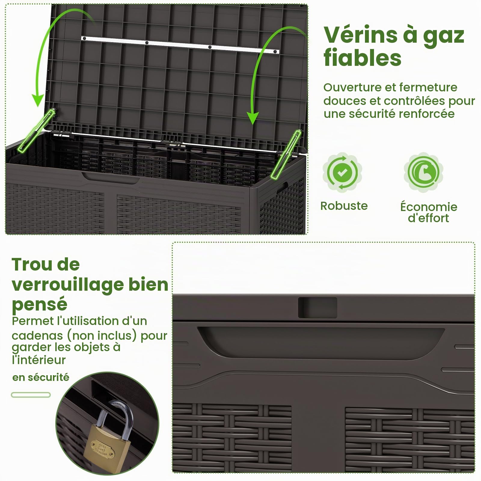 GIANTEX Coffre de Jardin Extérieur 380 L PP, Coffre de Rangement Étanche avec Couvercle, 2 Roulettes, Marron
