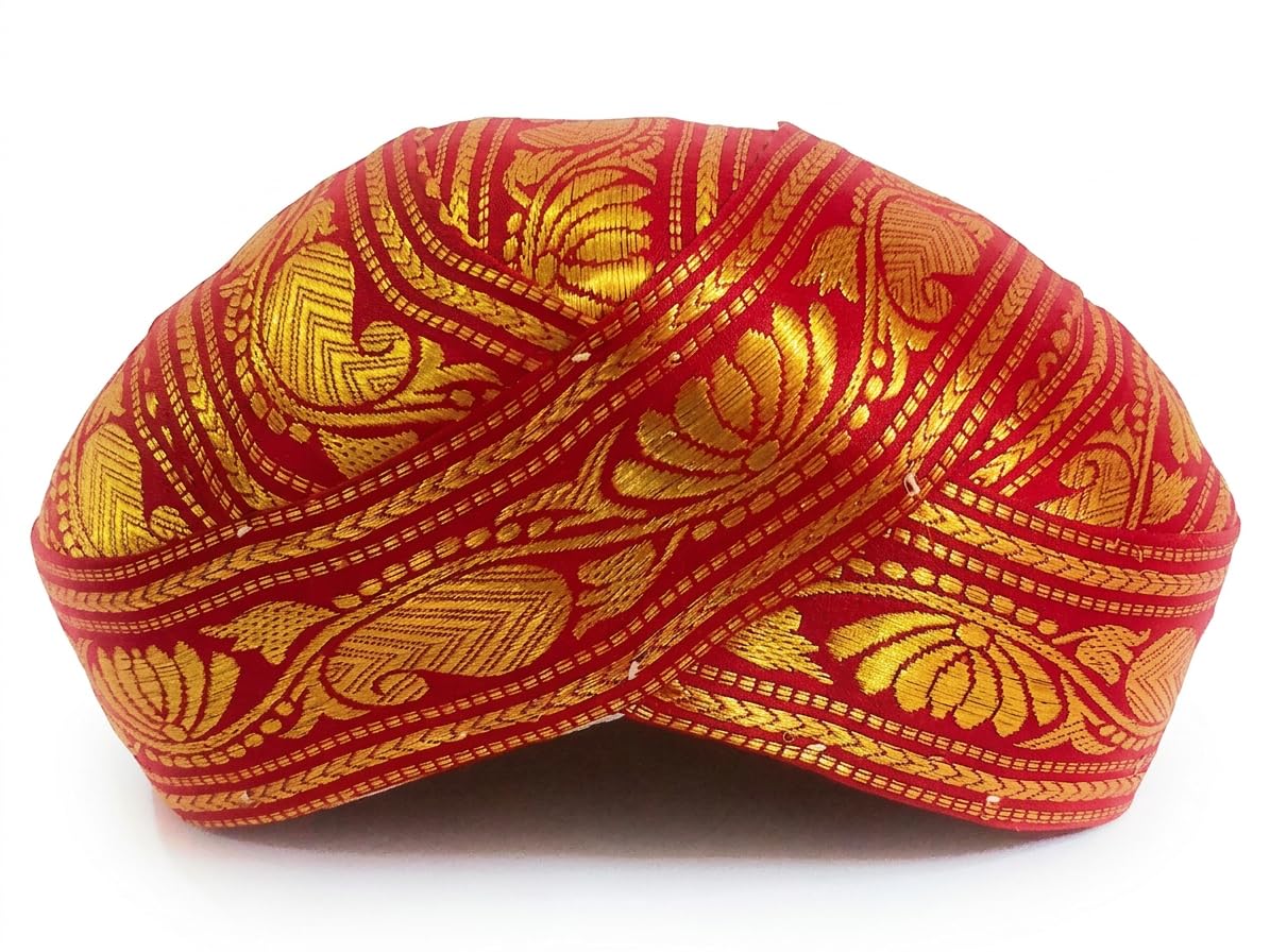 evasavamba Mysore Peta | Wedding Turban for Men | Dulha Pagdi/Groom Safa Pagri | Red & Golden Color | Traditional Peta for Marriage, Functions & Honouring | Standard Size - 1 Pc-picture-53