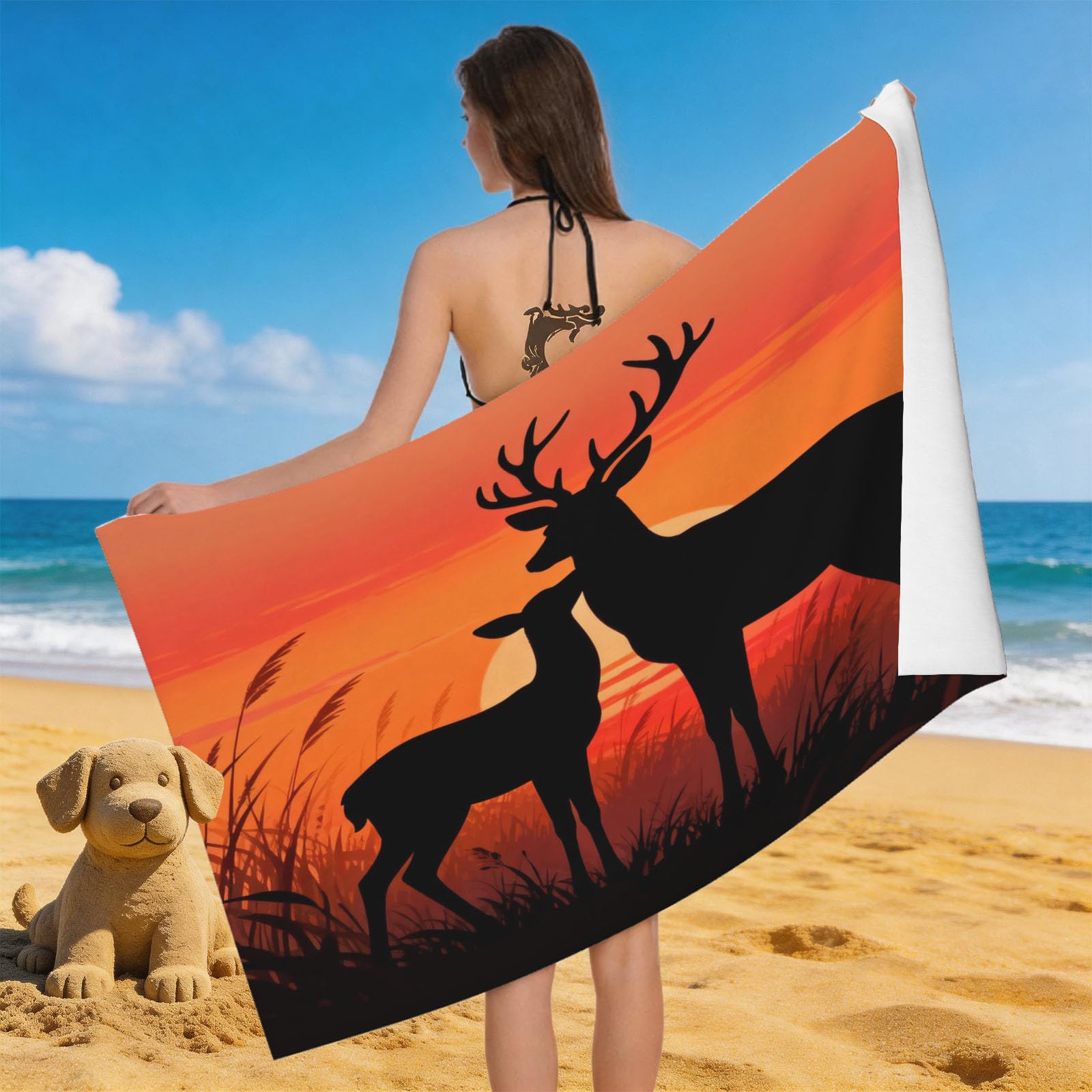 Leichong 3D Deer Silhouette Beach Towel Microfiber Soft Quick Dry for Adults, Sunset Silhouette Bath Towel Lightweight Soft Absorbent for Travel Swimming Pool Sports, 75 x 150 cm