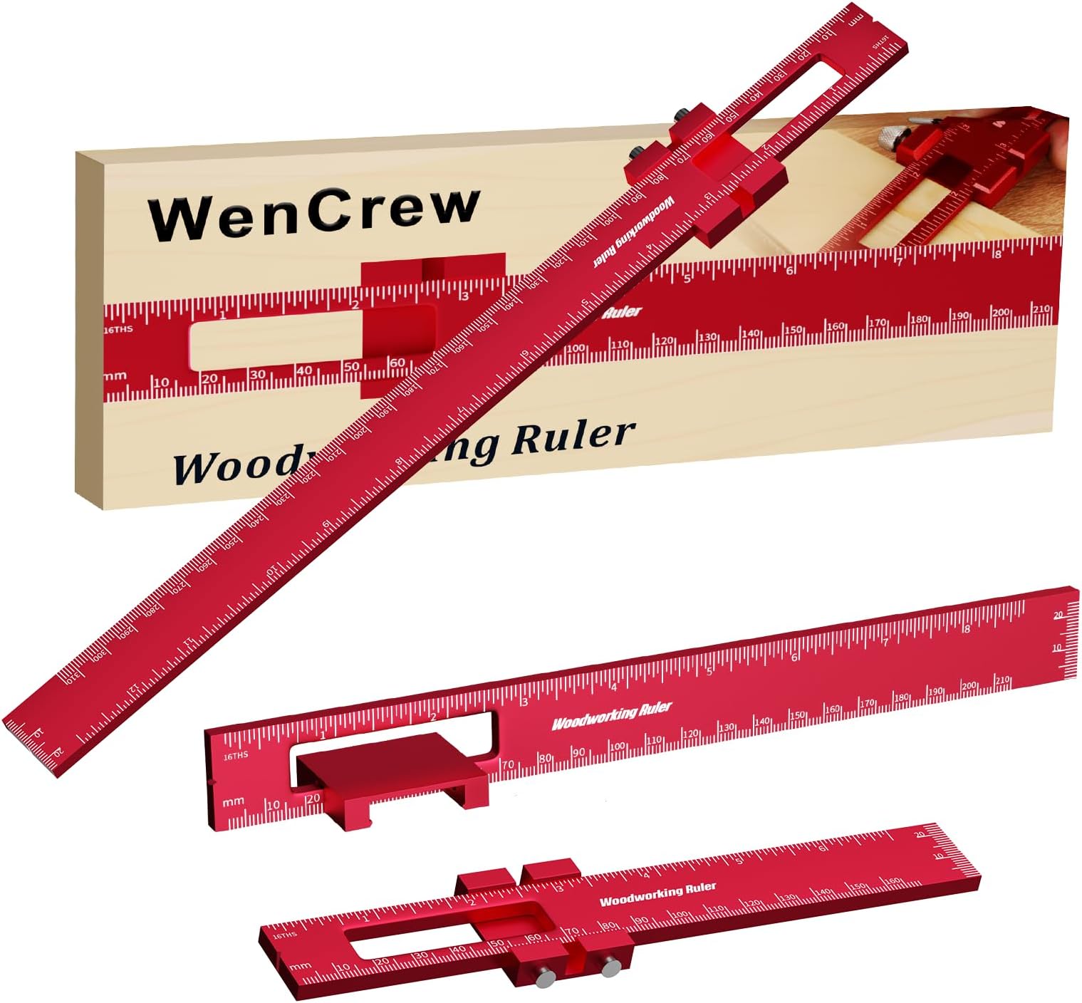 Woodworking Ruler 3Pcs 6/8/12 Inch Slide Rule Precision Ruler Woodworking Tools Adjustable Metal Aluminum Marking Gauge Pocket Ruler Scribing Measuring Tools Edge Ruler for Woodworking (3Pack Red)