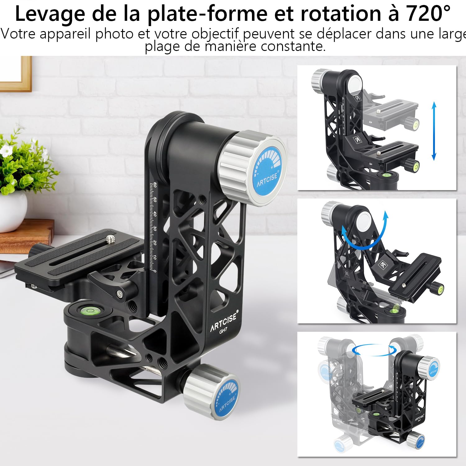 ARTCISE GH7 Tête de trépied à cardan avec poignée, Plaque de Fixation Rapide 1/4'', Niveau à Bulle, Charge 25KG