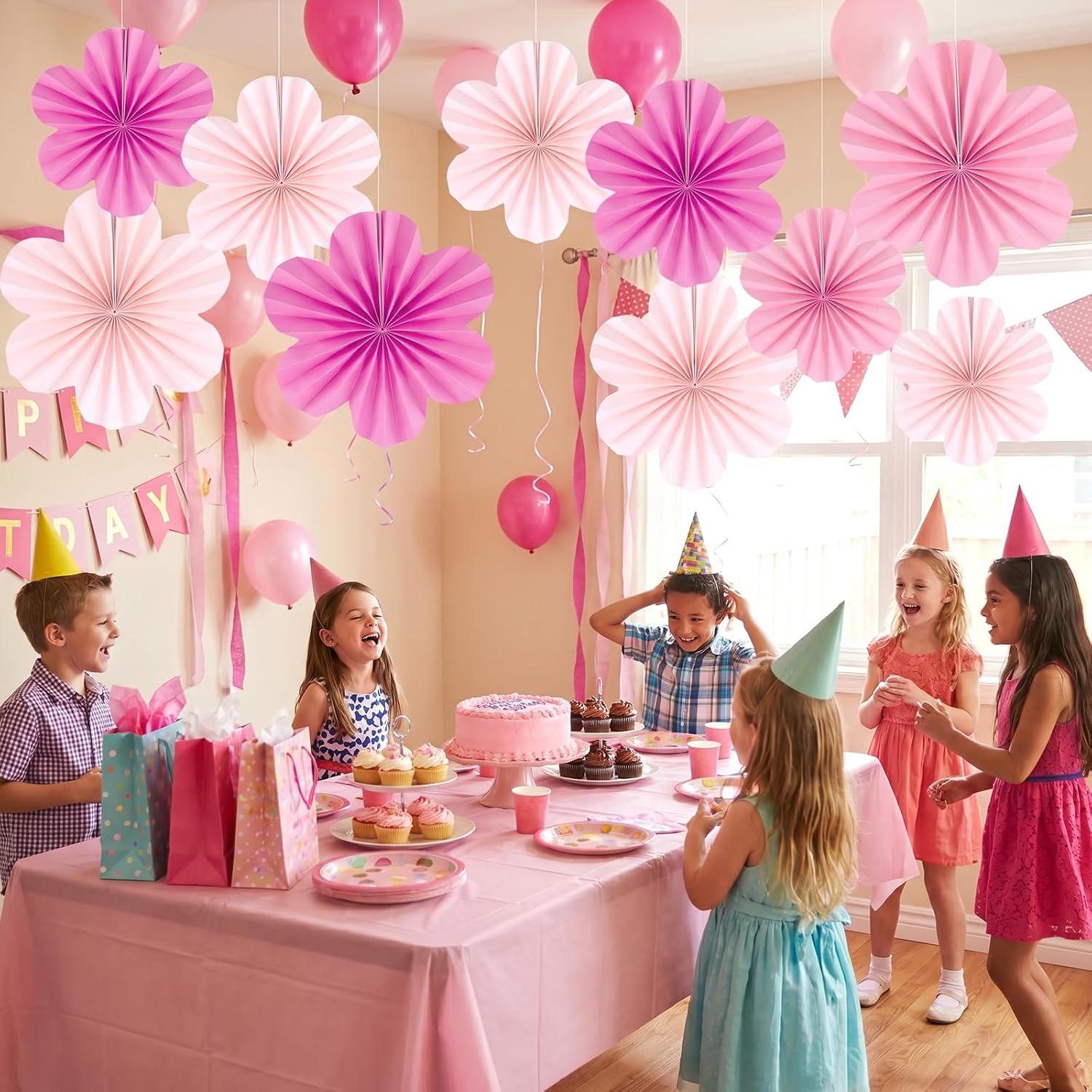 9 Pcs Large Paper Flowers Decorations for wall,Flower Paper Fans Hanging Wall Decor, Party Fan Flowers for Birthday Baby Shower Wedding Classroom Home Decorations (Pink)