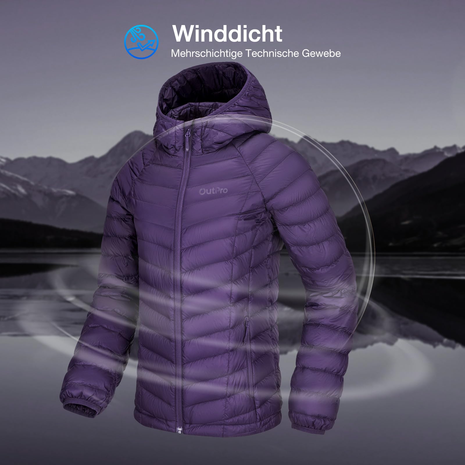 OutPro Piumino da donna leggero e avvolgente, giacca invernale calda con cappuccio, per attività all'aria aperta, calda fodera in policotermico con tasche per il tempo libero, le escursioni, i viaggi