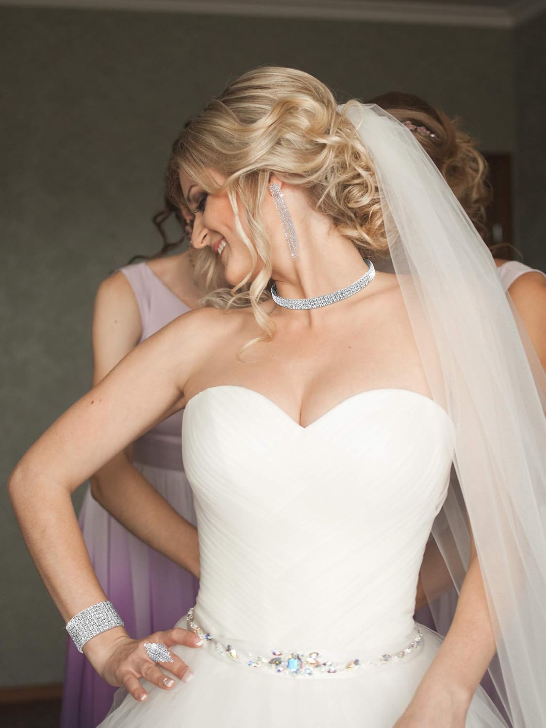 Hicarer 3 Pieces Women Rhinestone Jewelry Set Rhinestone Choker Bracelet Bangle Crystal Necklace Ring Earrings for Wedding - Image 7