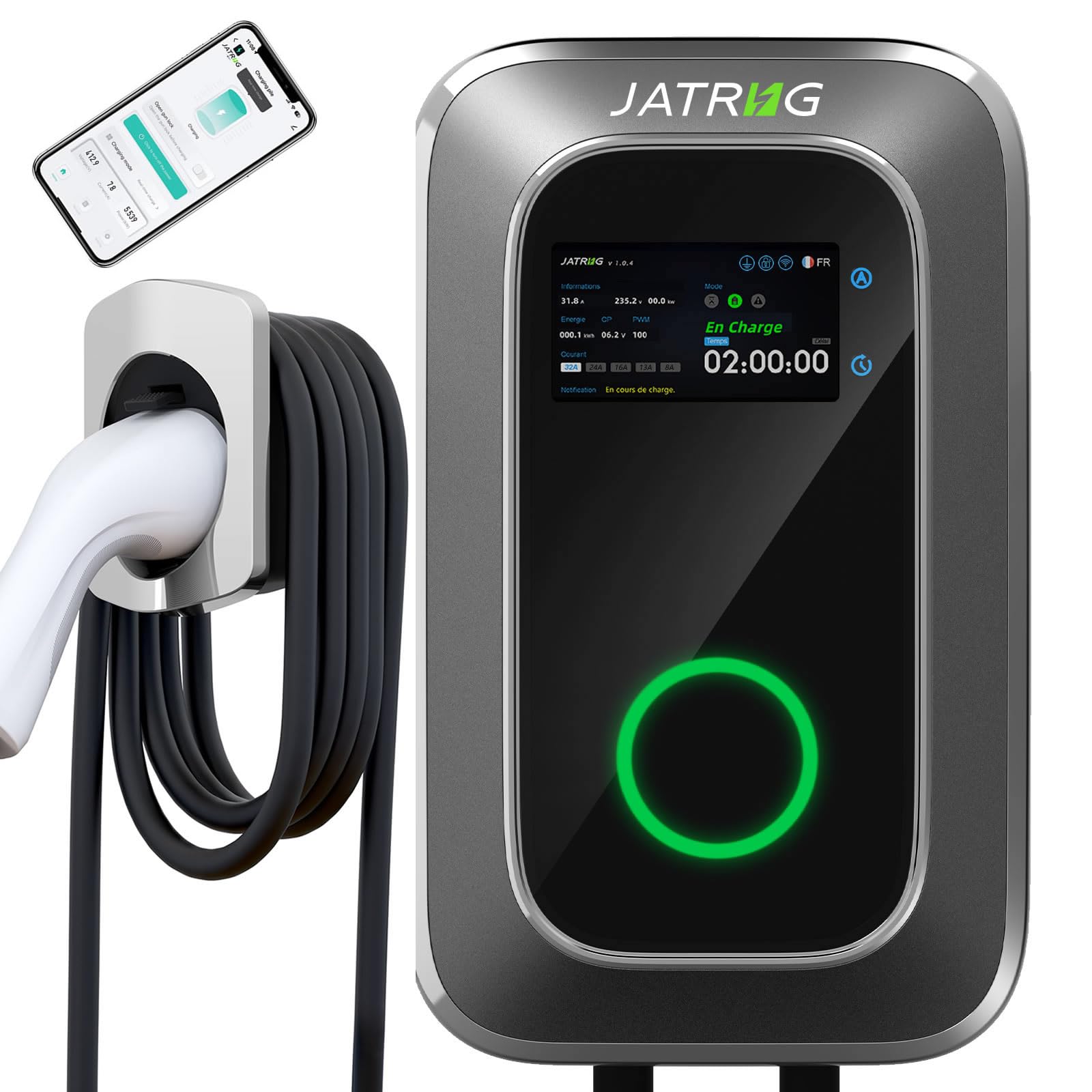 JATRHG S1 Borne de Recharge pour Véhicule Électrique 7kW 12M 32A Monophasé Station de Charge Type 2 IEC 62196-​2 - Chargeur Rapide EV Wallbox