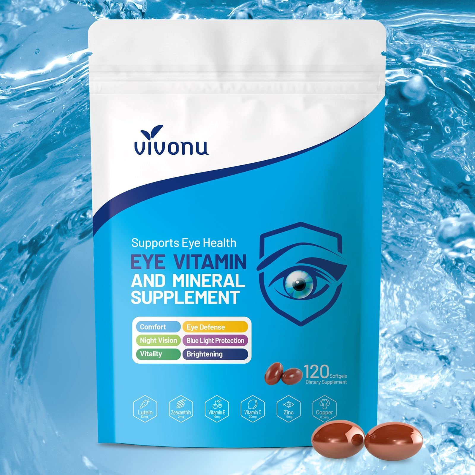 VivoNu 120pcs Lutein Eye Vitamins Supplement for Macular Health and Dry Eye, Contains Lutein, Zinc, Vitamins C/E & Zeaxanthin to Support Eye Health (120pcs)
