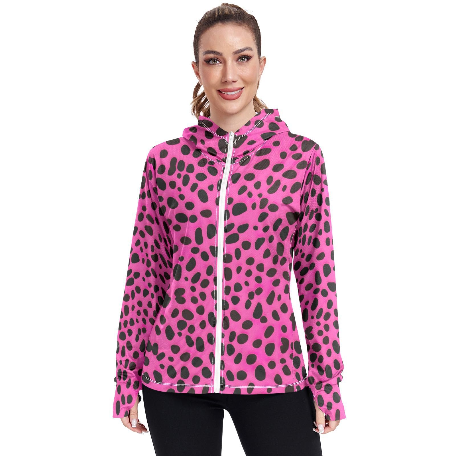 UMIRIKO Pink Leopard Print Pattern Women's UPF 50+ Sun Protection Jacket Hoodie Rash Guard Shirt with Pockets M 202a3480