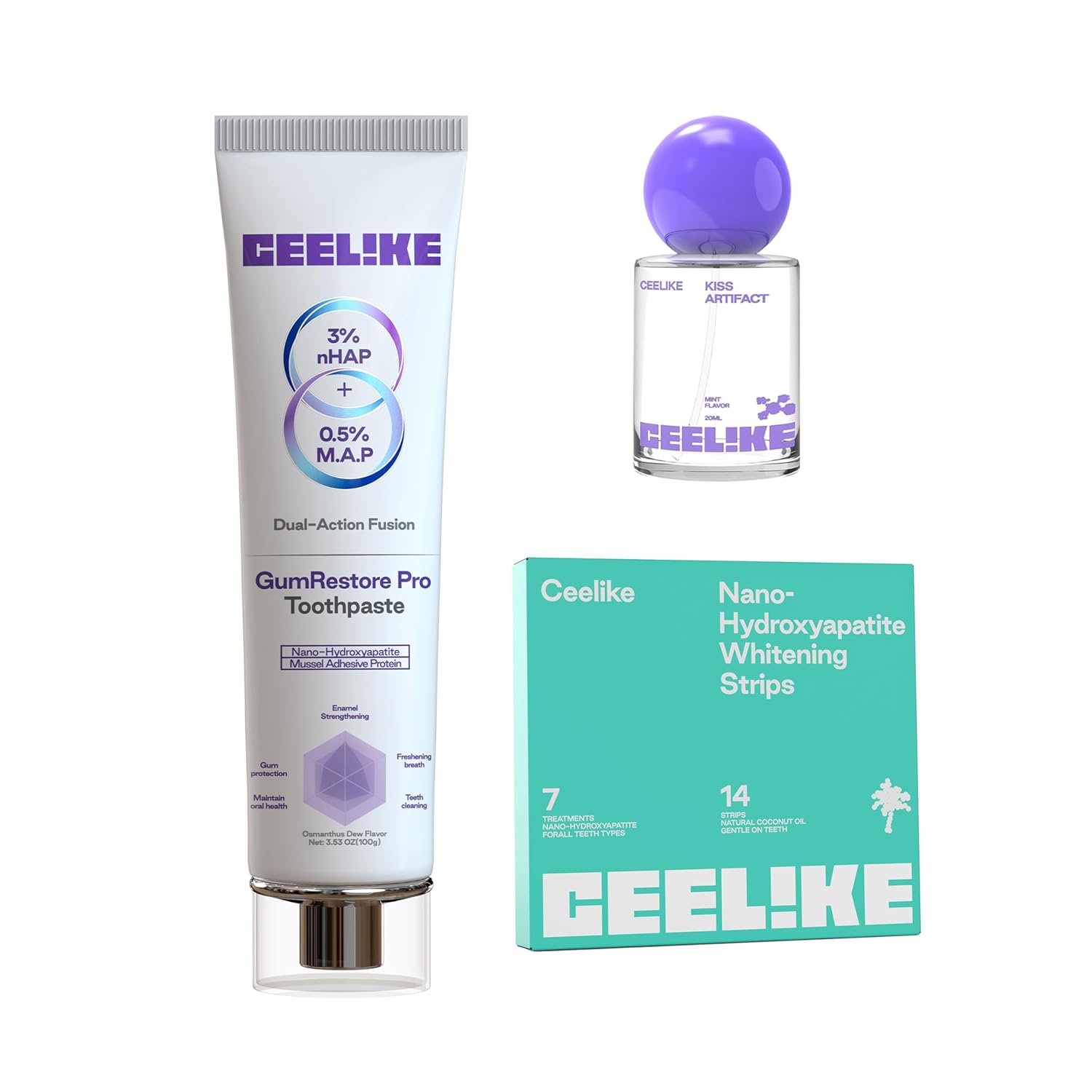 Conjunto de Creme Dental - Creme Dental para Cuidado das Gengivas + Fitas para Clareamento Dental + Spray Bucal de Menta | Proteína de Adesivo de Mexilhão, Fortaleça Seus Dentes e Frescor Duradouro para Cuidado Oral Diário