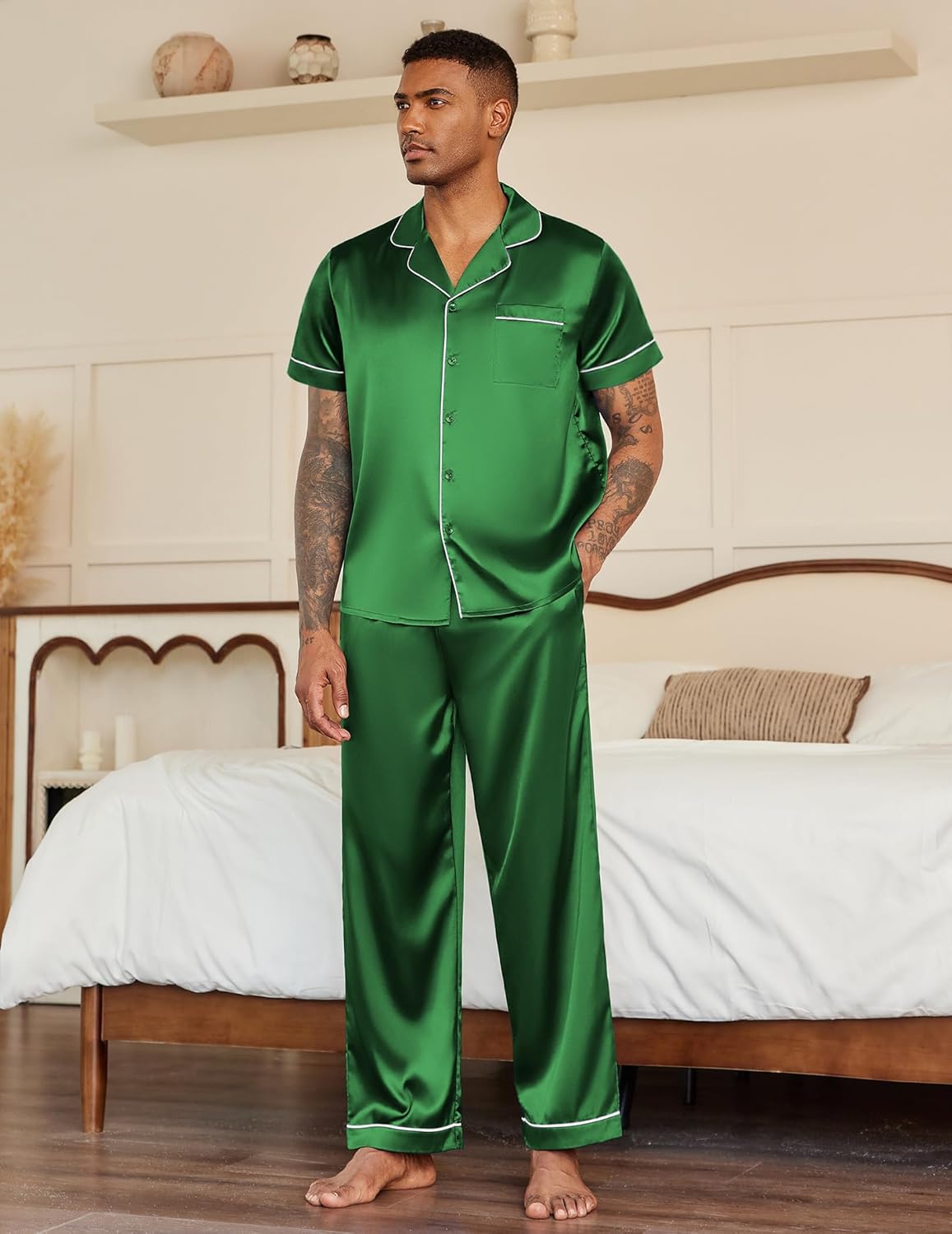 Ekouaer Mens Satin Pajama Set Short Sleeve Button Down Sleepwear Classic Loungewear Set with Long Pants - Image 4