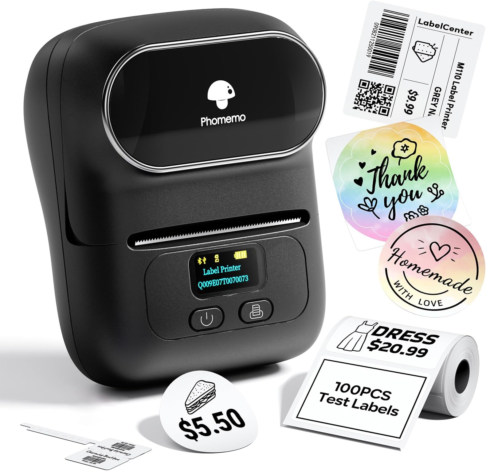 Phomemo M110 Label Printer Machine - Desktop Thermal Label Printer, Bluetooth Labeling Machine for Phone & Tablet, Mini Sticker Printer for Shipping, Address, Clothes, Barcode, Retail (Black)