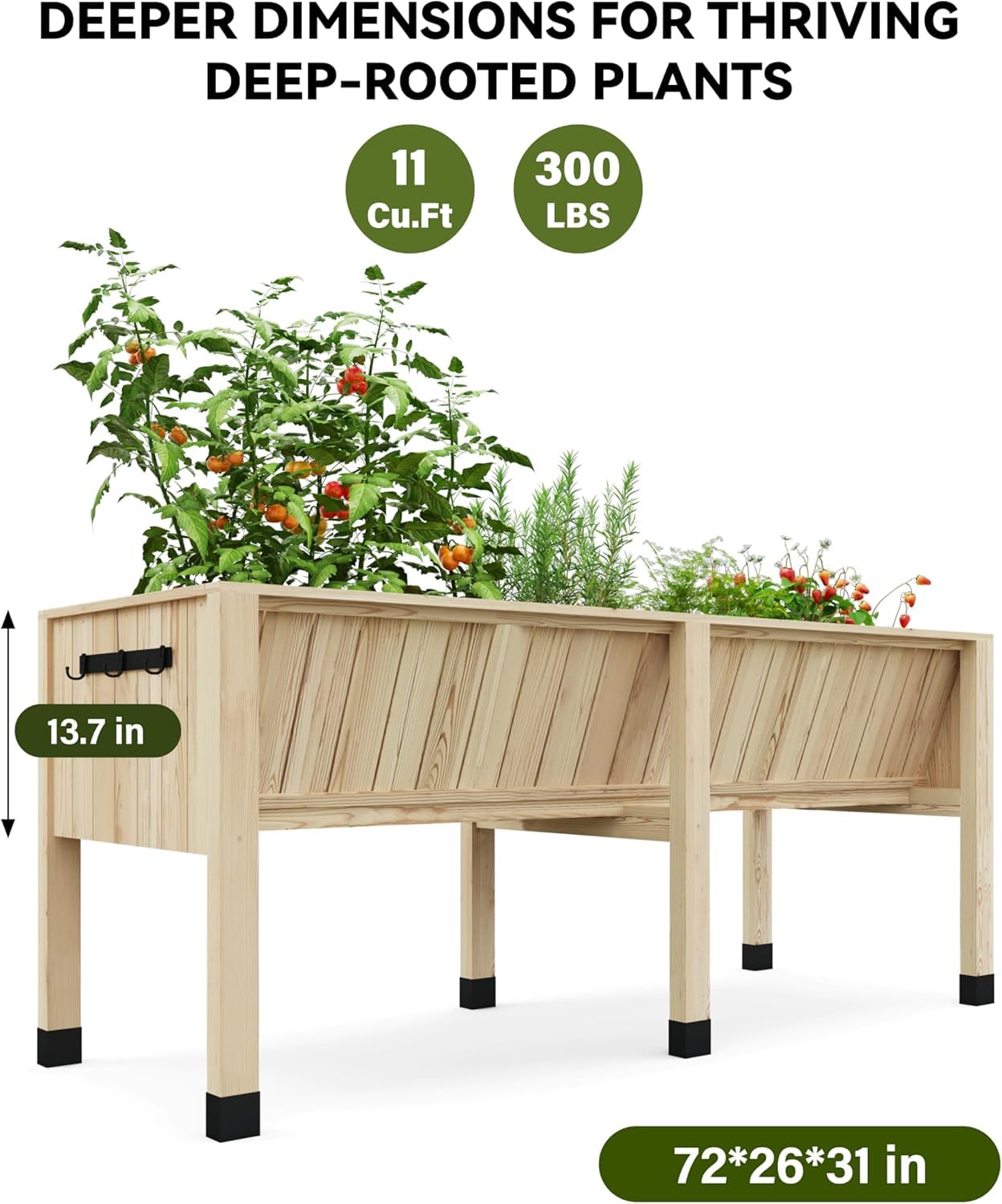 Garvee Huerto Urbano de Madera de Abeto, Cama de Cultivo Elevada 183x60x77cm, Jardinera con Ruedas y Frenos, Macetero Exterior para Verduras con Forro y Ganchos de Almacenamiento, Natural