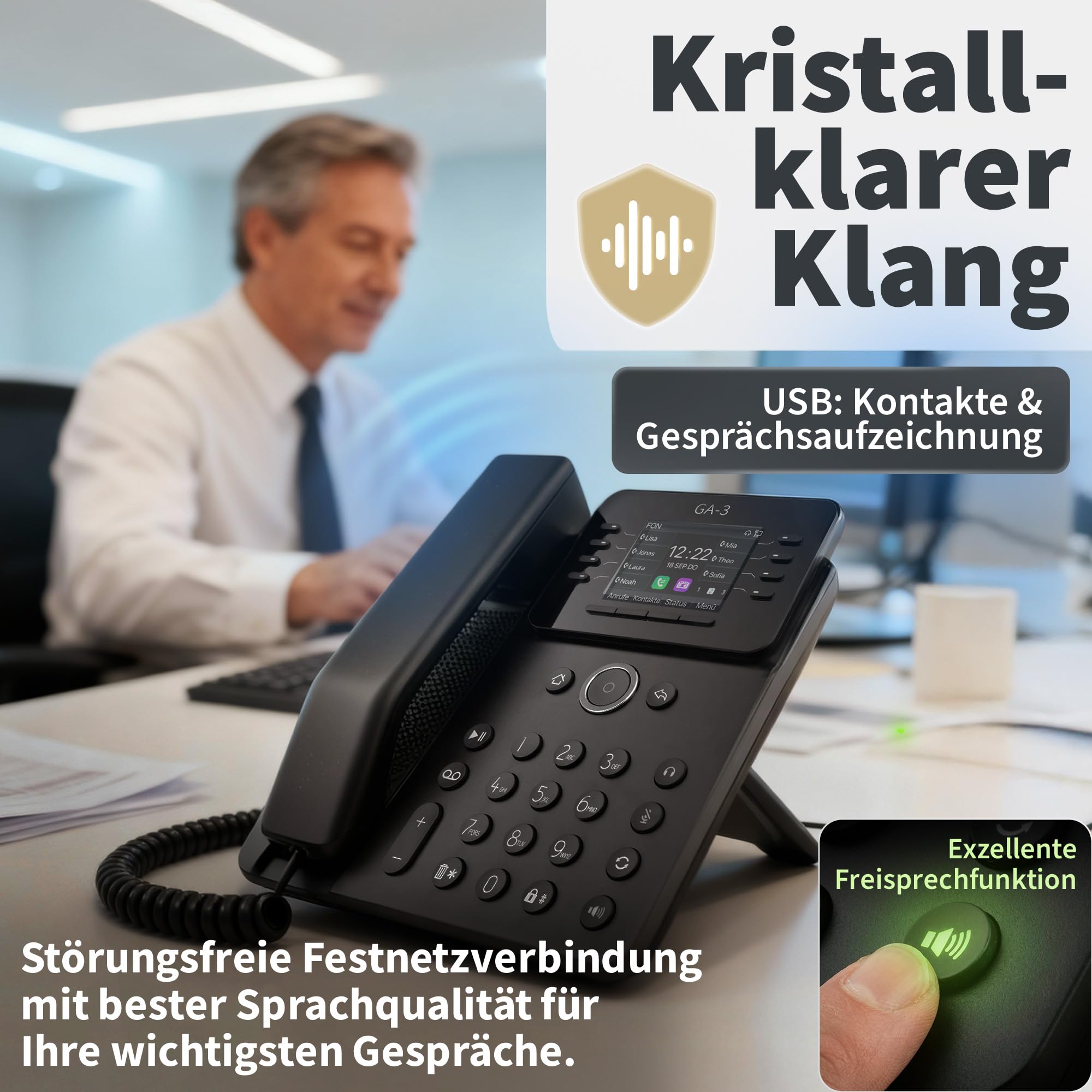 GEQUDIO GA-3 Festnetztelefon Schnurgebunden Anrufbeantworter Farbdisplay Tischtelefon für alle Anschlüsse FritzBox Speedport TAE Hybrid IP Deutsche Anleitung USB EU-Version