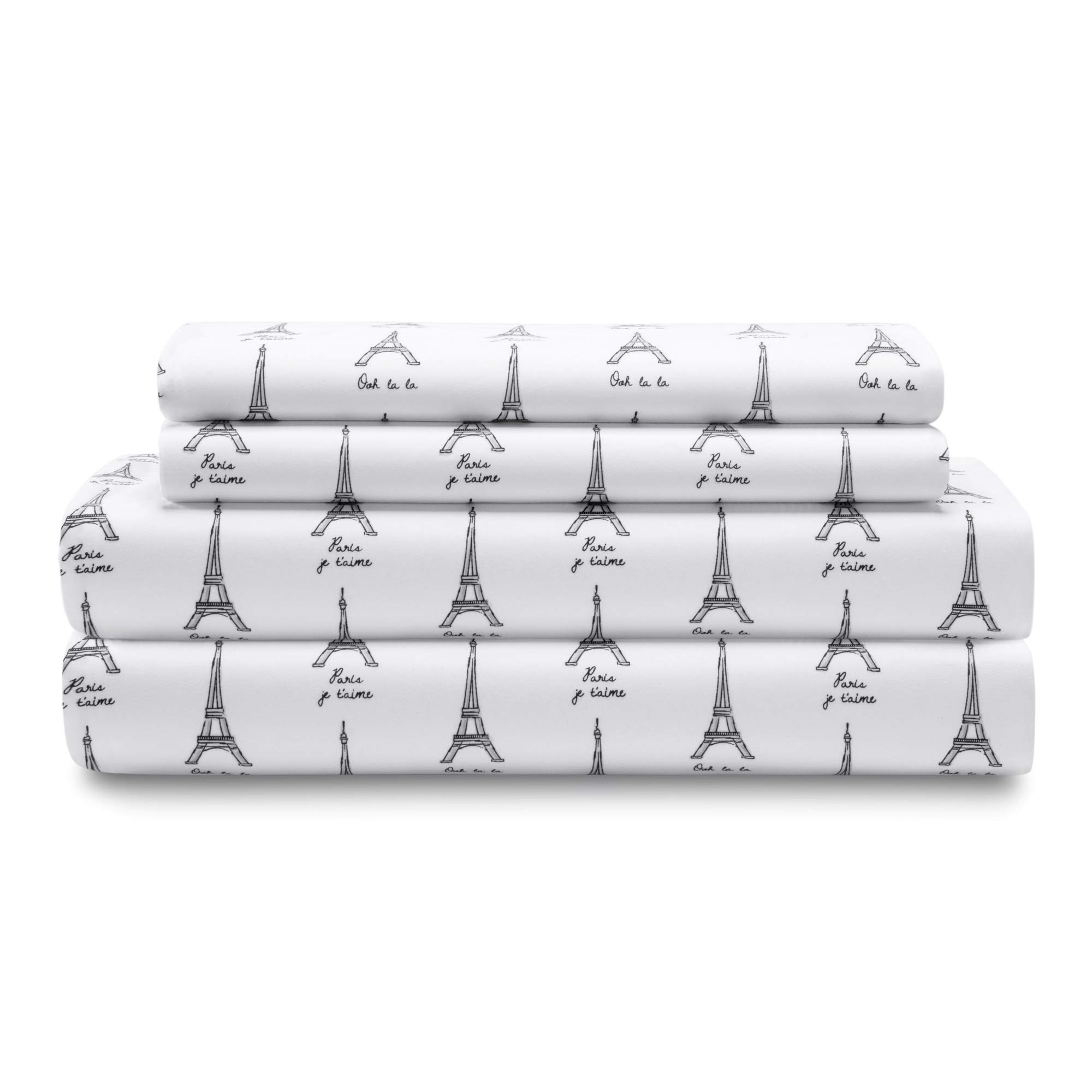 HowPlum King Microfiber Sheet Set Bedding Paris France French Script Eiffel Tower, Black and White