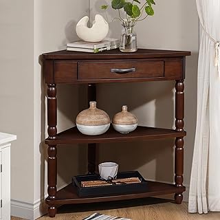 Amposei Small Corner Table for Small Spaces, 33.8-Inch Wood Triangle Side Table with Drawer & 2 Open Shelves for Living Room Bedroom, Light Espresso