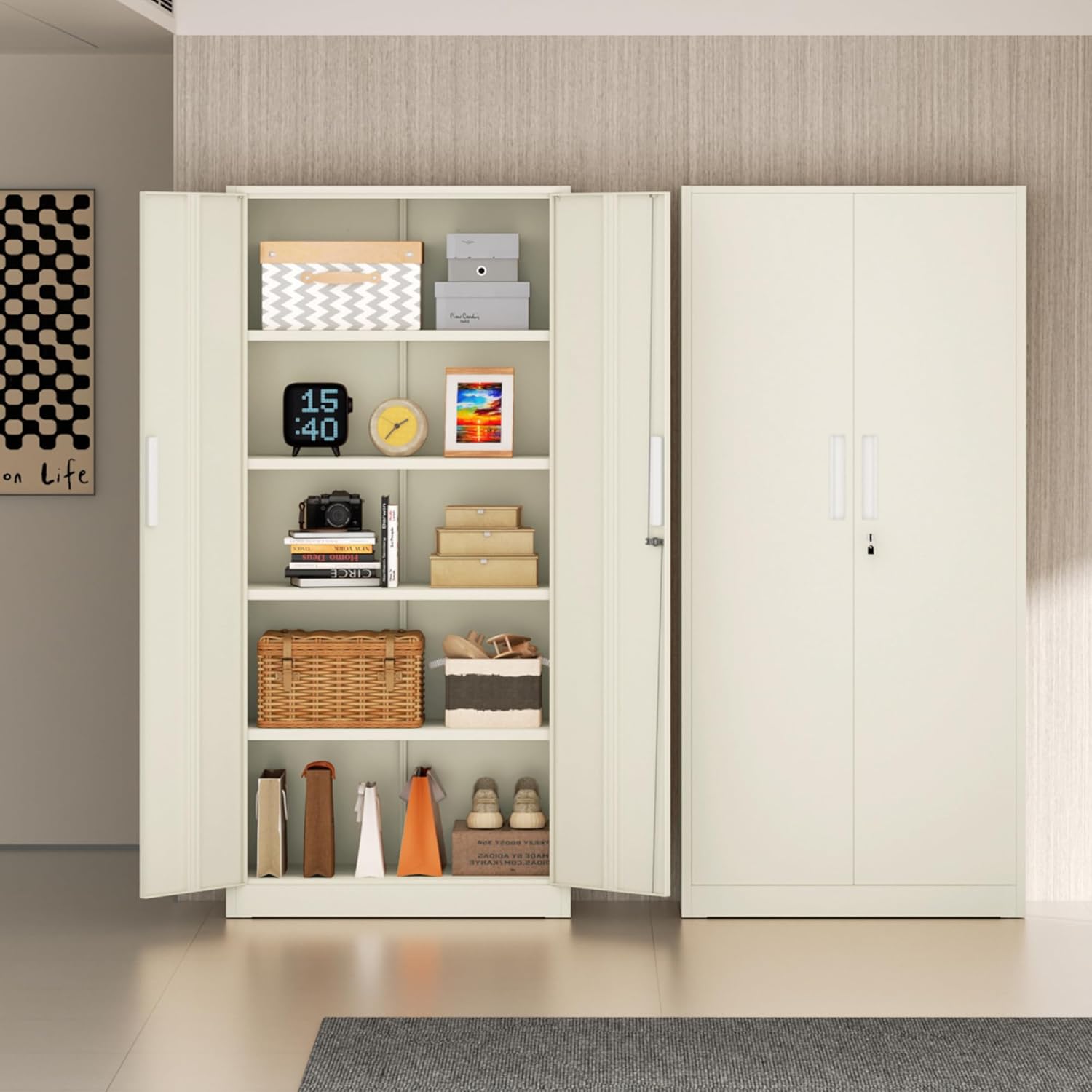 Incbruce 72” Metal Storage Cabinet, Locking Steel Storage Cabinets with 2 Doors and 4 Adjustable Shelves, Tall Lockable Tool Storages for Garage, Home, Office (Grey)