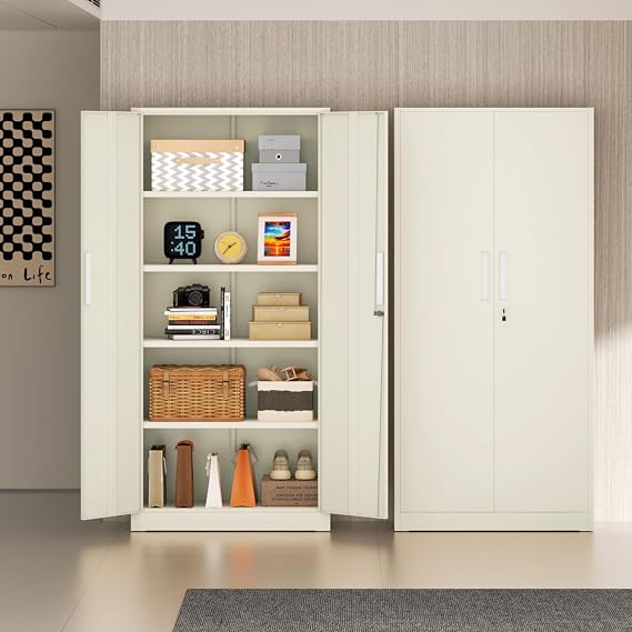 Incbruce 72 Metal Storage Cabinet, Locking Steel Storage Cabinets with 2 Doors and 4 Adjustable Shelves, Tall Lockable Tool Storages for Garage, Home, Office (Grey)