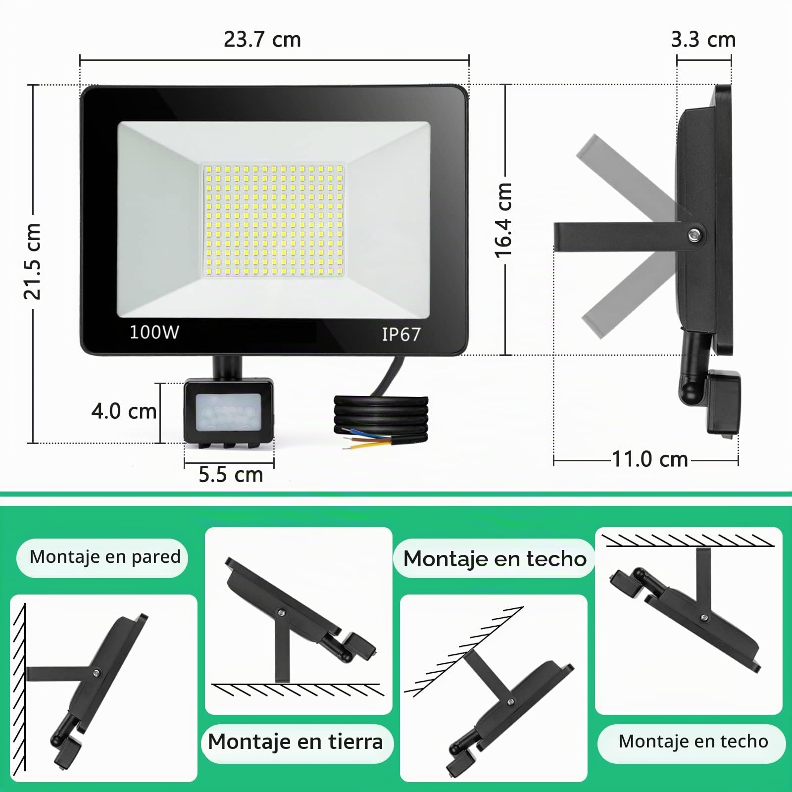 Foco LED con Sensor de Movimiento 100W Focos LED Exterior 2 Piezas