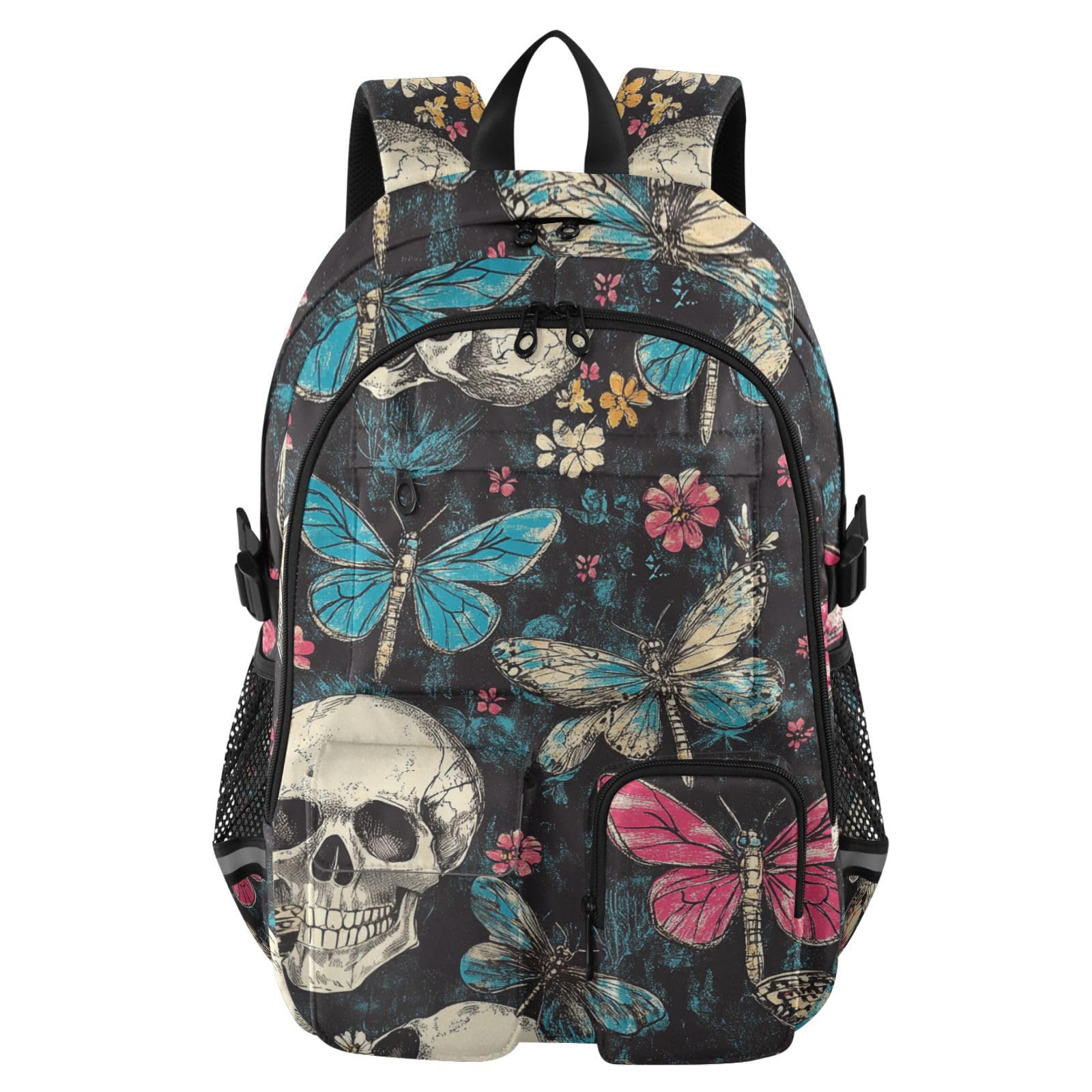 Mochila de viaje grande para mujer, calaveras, flores retro, mariposa, trabajo, universidad, escuela, mochila de 17.5 pulgadas con compartimento para laptop, bolsa ligera casual